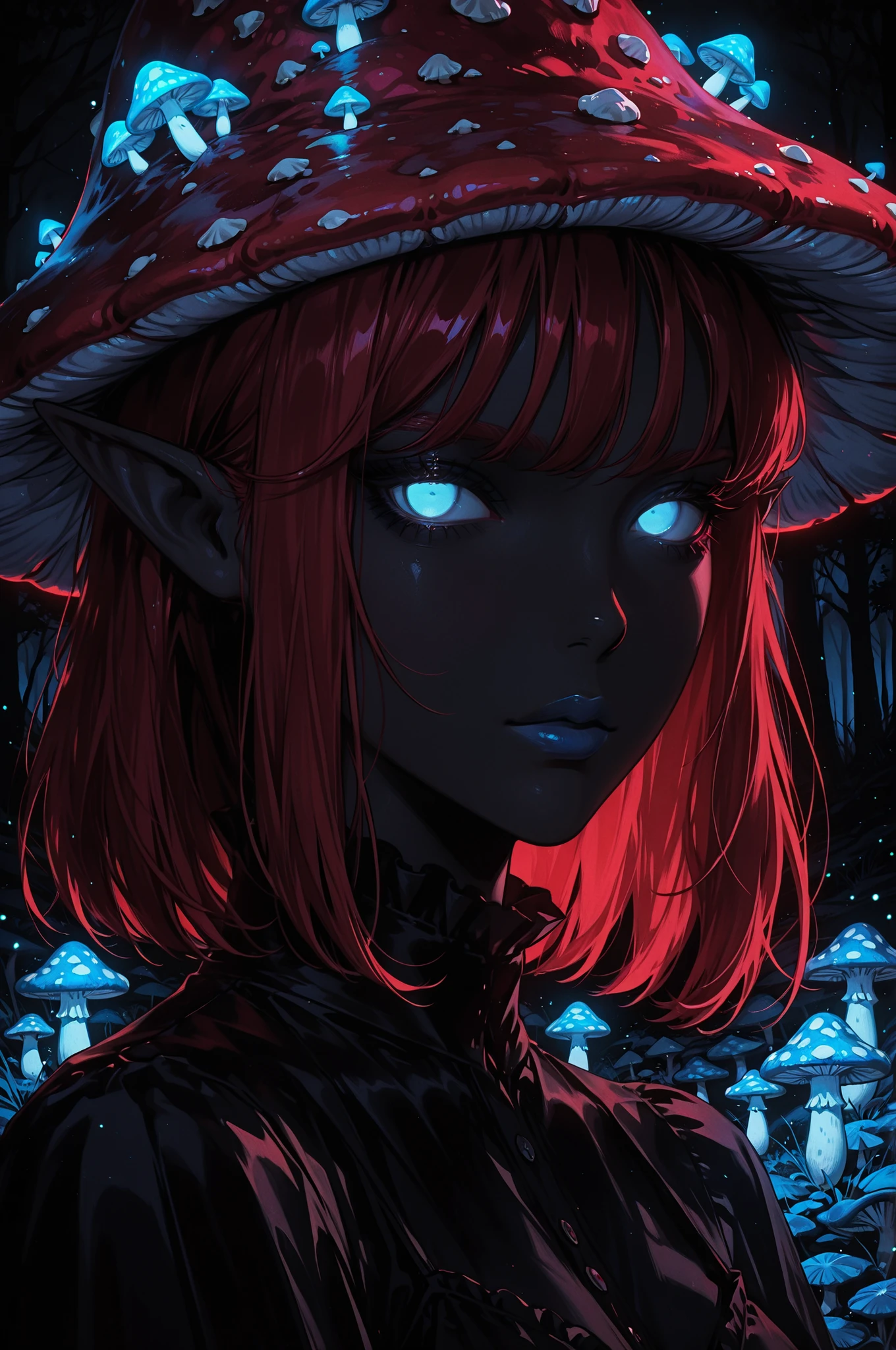 1girl, black dress, blue eyes, no pupils, stands in a mushroom field, portrait, looking at viewer, blue lipstick, glowing, red hair, mushroom hat, elf ears, dark theme