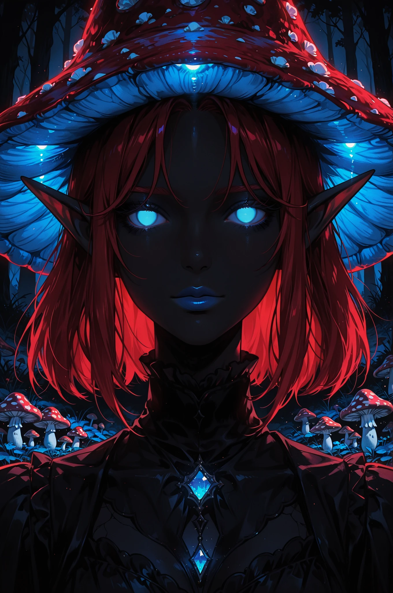 1girl, black dress, blue eyes, no pupils, stands in a mushroom field, portrait, looking at viewer, blue lipstick, glowing, red hair, mushroom hat, elf ears, dark theme