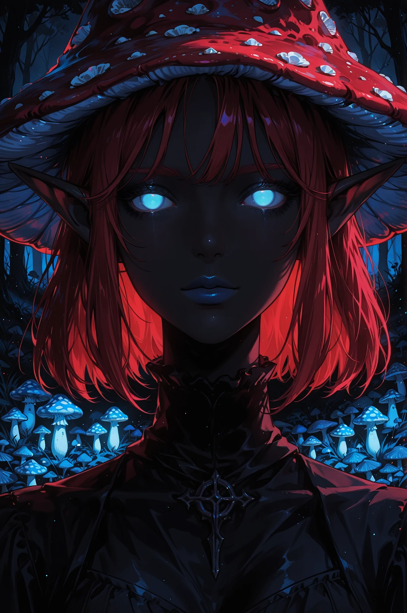 1girl, black dress, blue eyes, no pupils, stands in a mushroom field, portrait, looking at viewer, blue lipstick, glowing, red hair, mushroom hat, elf ears, dark theme