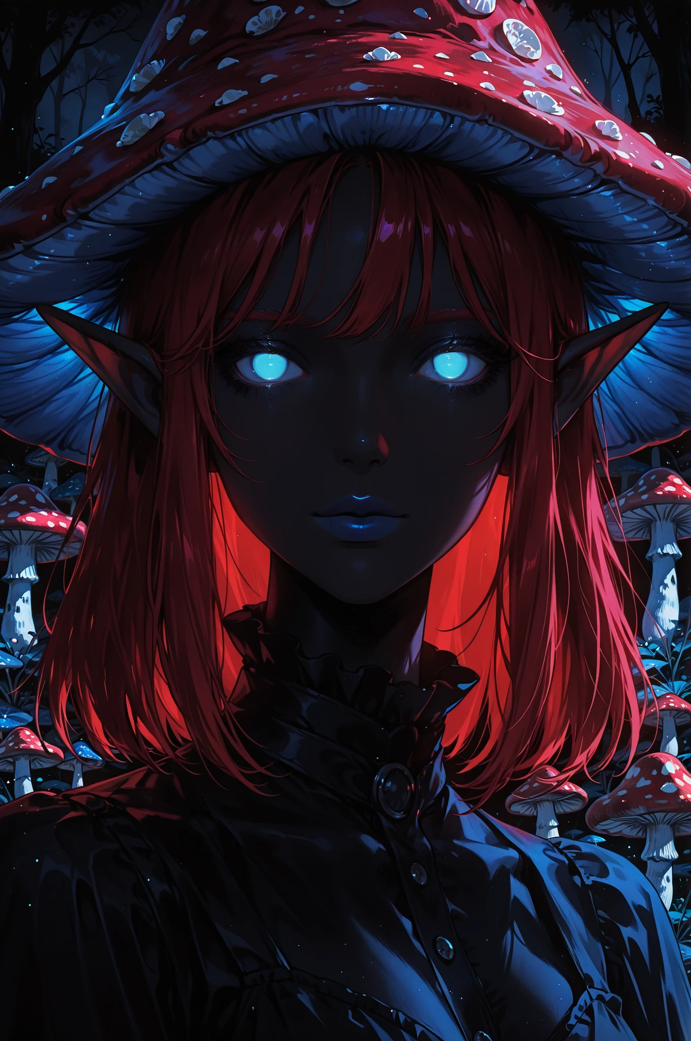 1girl, black dress, blue eyes, no pupils, stands in a mushroom field, portrait, looking at viewer, blue lipstick, glowing, red hair, mushroom hat, elf ears, dark theme