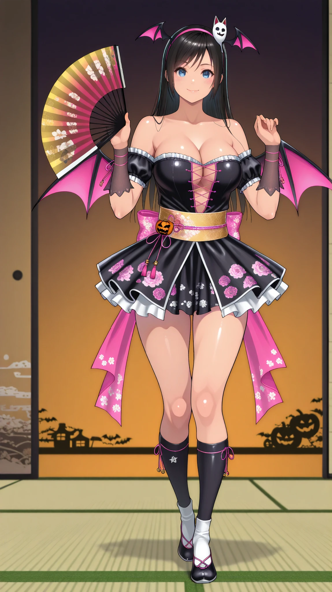 , ,perfect anatomy,masterpiece, Highest Quality, very aesthetic, Ridiculous, (Pyromyz (artist):0.4),,,1girl, kokoro (doa),kokorohalloween, black dress, hair orgment,a pair of devil wings on headband,,, Pink ribbon ,,off-shoulder,(,a pair of devil wings on the head:1.4), , large breast,,,,,,,black hair, long hair,slender,beautiful blue eyes,,, , Very beautiful thighs ,very Beautiful legs, ,,,,dancing,japanese dance,socks,,,holding Folding fans on both hands,open the fan,spreading fan,,one hand raised highly,the other hand outstretched horizontally,,cleavage,,,,,smile,,,,,,,japanese-style room,tatami,shoji,,,,,full body