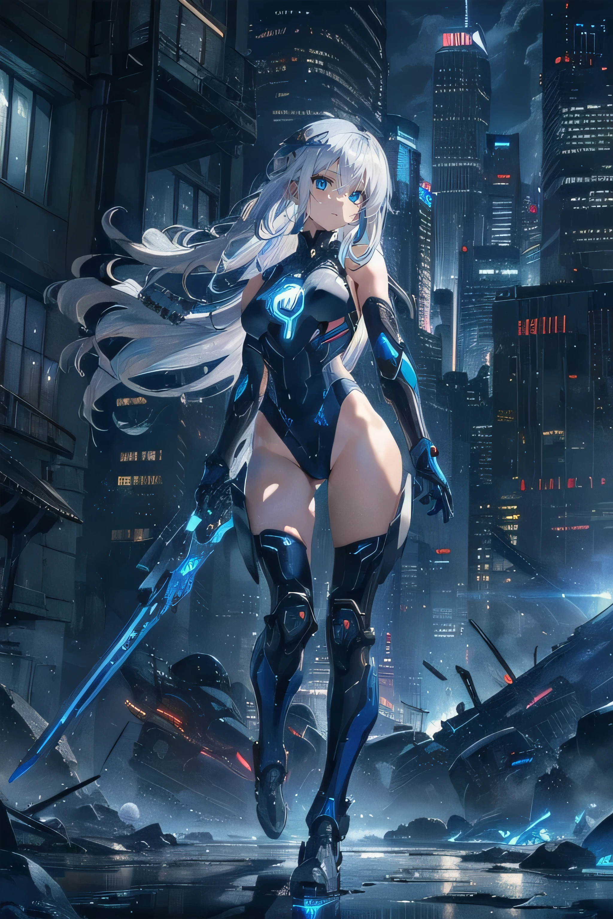 (masterpiece), (best quality), (ultra high resolution), (ultra detailed), High definition RAW color art, animation,sculpture, Silver Marble Skin, Ultra detailed elegant, finely detailed color, cenematic painting, (Top image quality), (Ultra Detailed), (Facing forward), top quality, masterpiece, (((only 1 girl))), Silver Hair, white hair, ((Long hair)), (deep blue eyes:1.6), night, urban, ((holding cybernetic weapon)), ((high leg)), ((bare legs)), ((sleeveless)), battle suit, bodysuit, mecha suit, black suit, skyline, ((city background:1.2))