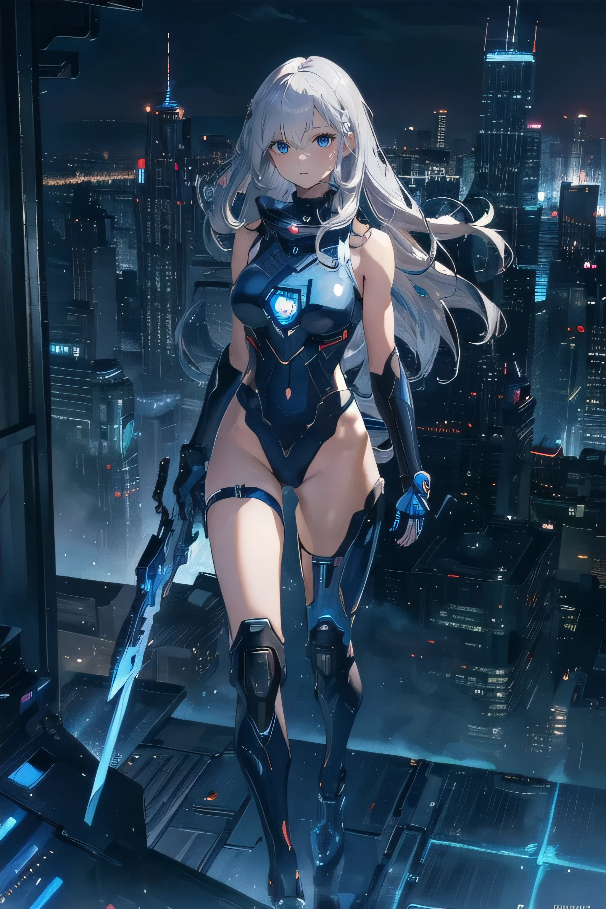 (masterpiece), (best quality), (ultra high resolution), (ultra detailed), High definition RAW color art, animation,sculpture, Silver Marble Skin, Ultra detailed elegant, finely detailed color, cenematic painting, (Top image quality), (Ultra Detailed), (Facing forward), top quality, masterpiece, (((only 1 girl))), Silver Hair, white hair, ((Long hair)), (deep blue eyes:1.6), night, urban, ((holding cybernetic weapon)), ((high leg)), ((bare legs)), ((sleeveless)), battle suit, bodysuit, mecha suit, black suit, skyline, ((city background:1.2))