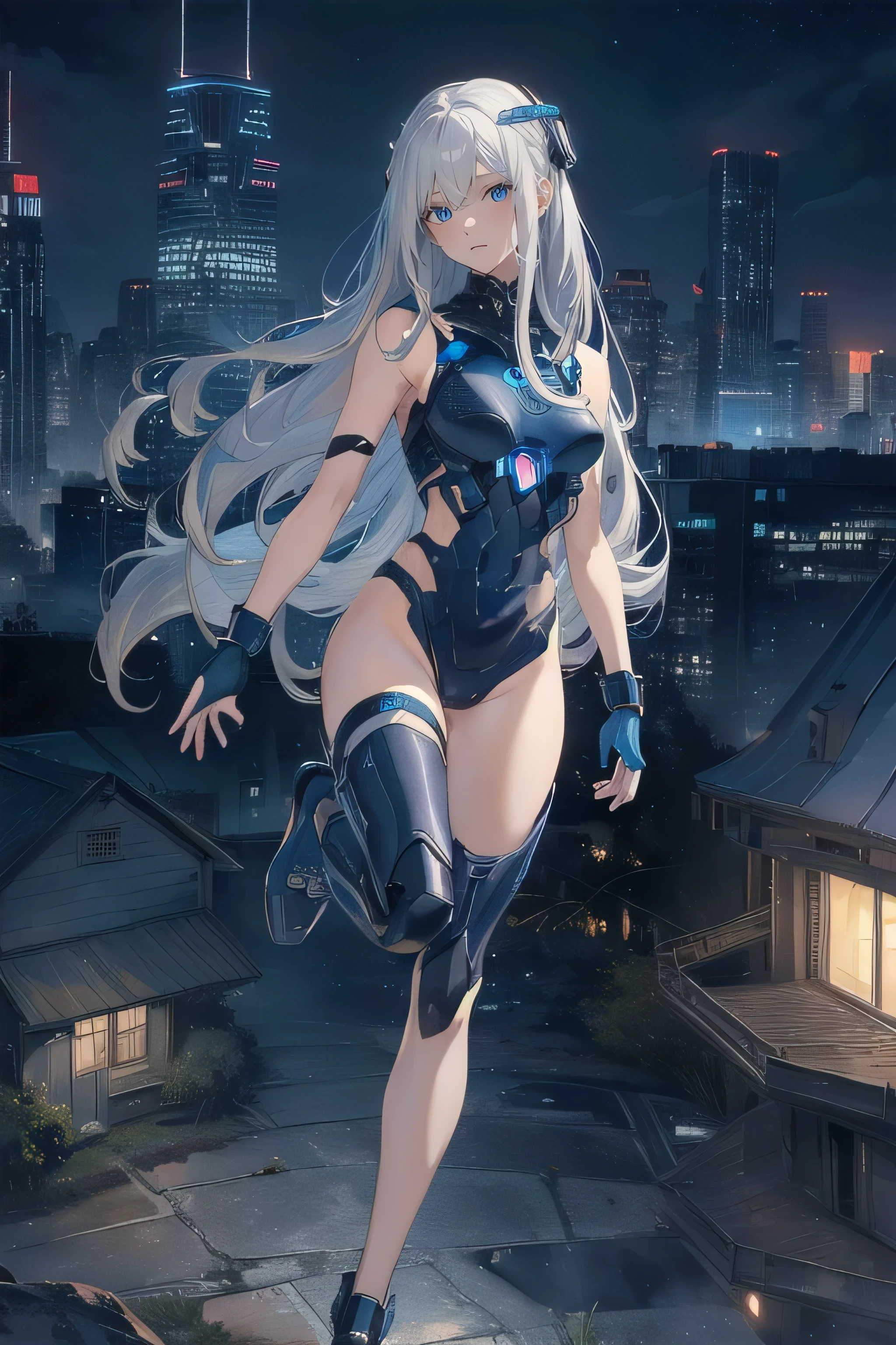 (masterpiece), (best quality), (ultra high resolution), (ultra detailed), High definition RAW color art, animation,sculpture, Silver Marble Skin, Ultra detailed elegant, finely detailed color, cenematic painting, (Top image quality), (Ultra Detailed), (Facing forward), top quality, masterpiece, (((only 1 girl))), Silver Hair, white hair, ((Long hair)), (deep blue eyes:1.6), night, urban, ((holding cybernetic weapon)), ((high leg)), ((bare legs)), ((sleeveless)), battle suit, bodysuit, mecha suit, black suit, skyline, ((city background:1.2))