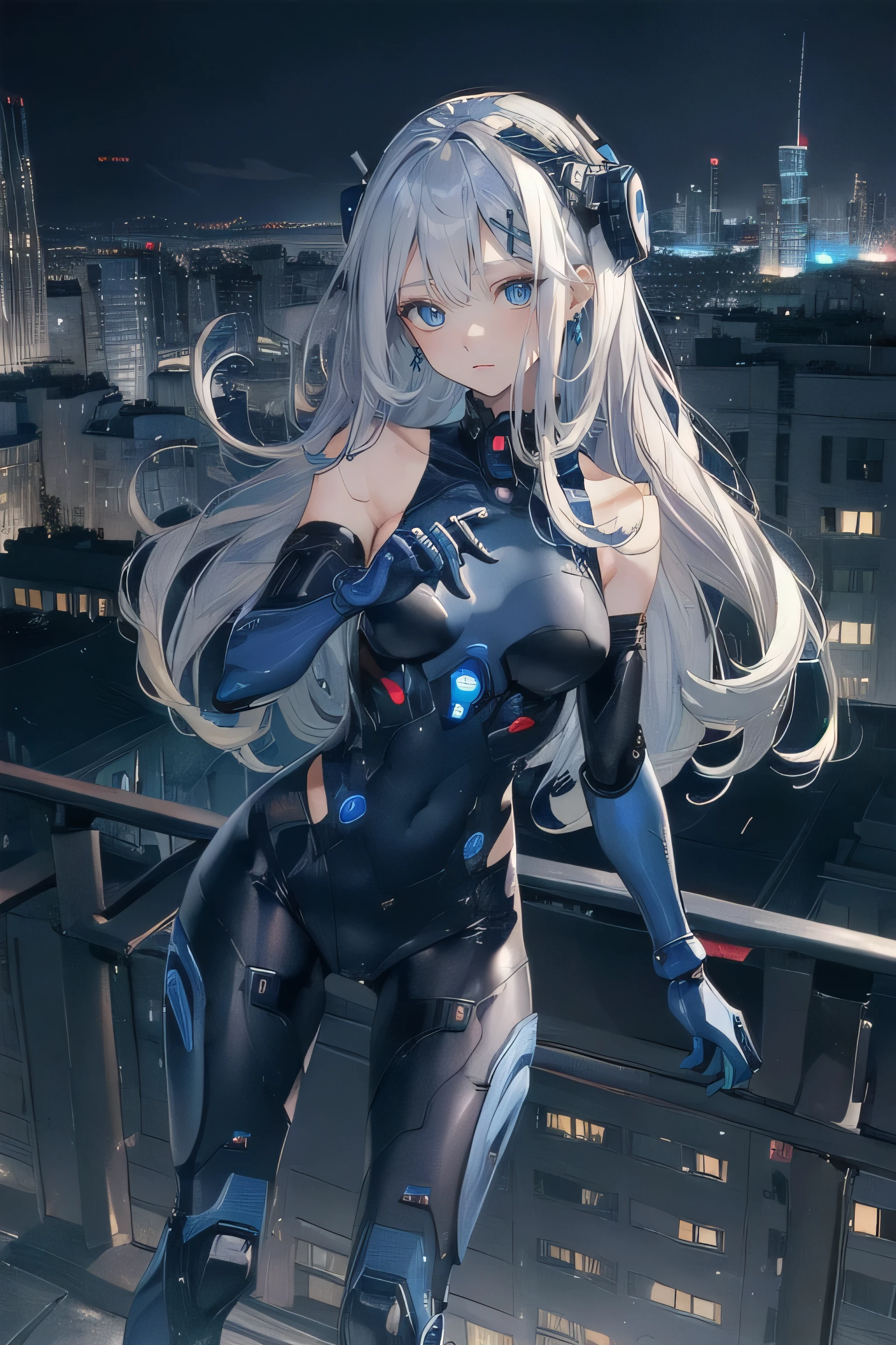 (masterpiece), (best quality), (ultra high resolution), (ultra detailed), High definition RAW color art, animation,sculpture, Silver Marble Skin, Ultra detailed elegant, finely detailed color, cenematic painting, (Top image quality), (Ultra Detailed), (Facing forward), top quality, masterpiece, (((only 1 girl))), Silver Hair, white hair, ((Long hair)), (deep blue eyes:1.6), night, urban, ((holding cybernetic weapon)), ((high leg)), ((bare legs)), ((sleeveless)), battle suit, bodysuit, mecha suit, black suit, skyline, ((city background:1.2))