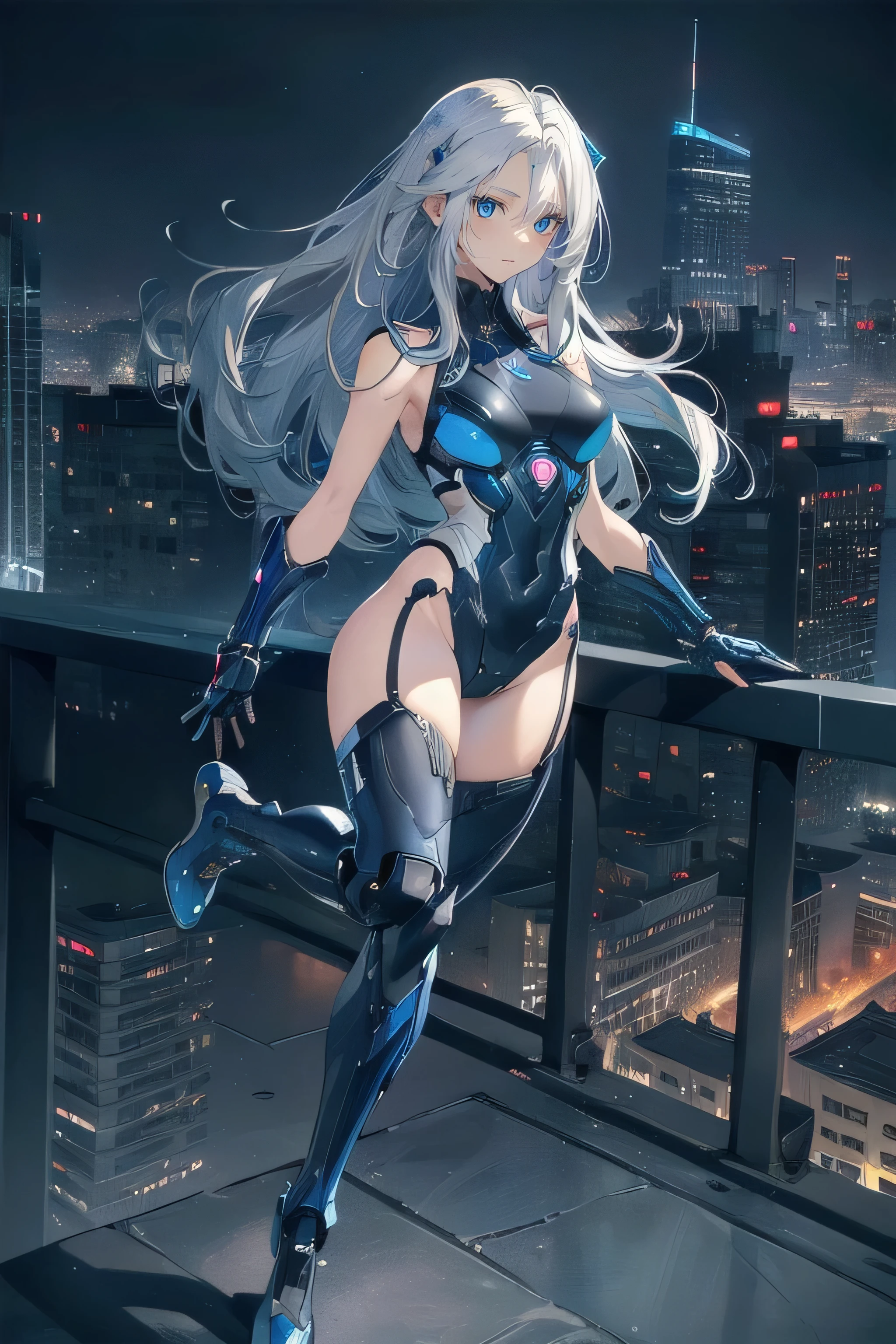 (masterpiece), (best quality), (ultra high resolution), (ultra detailed), High definition RAW color art, animation,sculpture, Silver Marble Skin, Ultra detailed elegant, finely detailed color, cenematic painting, (Top image quality), (Ultra Detailed), (Facing forward), top quality, masterpiece, (((only 1 girl))), Silver Hair, white hair, ((Long hair)), (deep blue eyes:1.6), night, urban, ((holding cybernetic weapon)), ((high leg)), ((bare legs)), ((sleeveless)), battle suit, bodysuit, mecha suit, black suit, skyline, ((city background:1.2))
