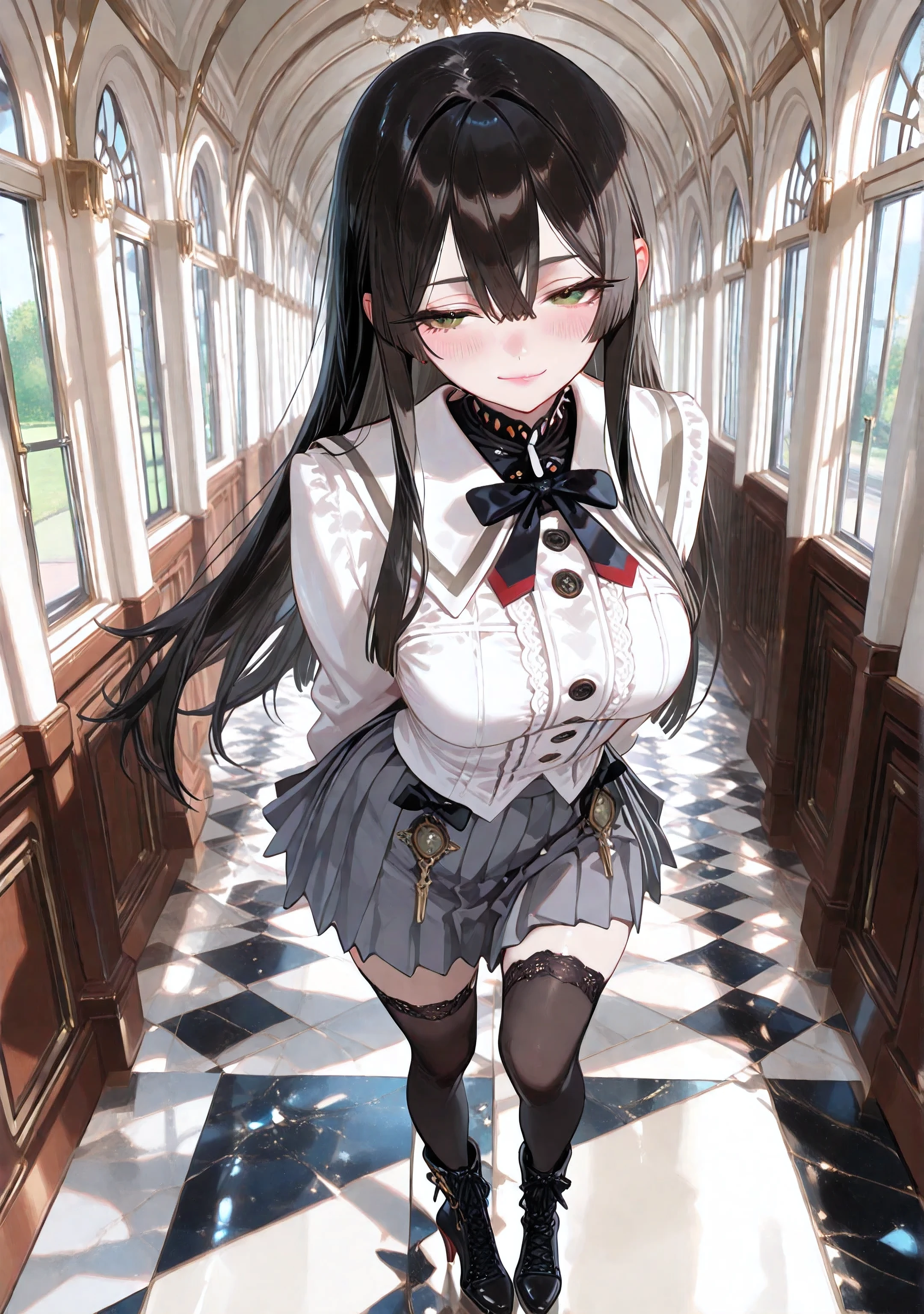rolua.noa artstyle,style_name,tyle_name,rolua.noa artstyle,style_name,((1girl)), (solo), teenage, aesthetic, pink lips, beautiful, pin-up, black hair, long hair, hair between eyes, sidelocks, porcelain skin, beautiful, brown eyes, medium breast, closed mouth, light smile, blush, large eyes, narrowed eyes, thick eyelashes, long eyelashes, black eyelashes, black eyebrows, (refined school uniform with subtle victorian elegance), (crisp white blouse with black buttons and a structured collar), no earrings, black bow, no hair ornament, academy, hallway, marble floor, day, full body, close-up, looking at viewer, high detail, r17329_illu, , , , usnr,z3zz4,, close-up, full body, black thighhigh, grey pleated skirt, black high heel boots, hallway, academy, day, looking at viewer, marble floor, dynamic pose, arms behind the back,