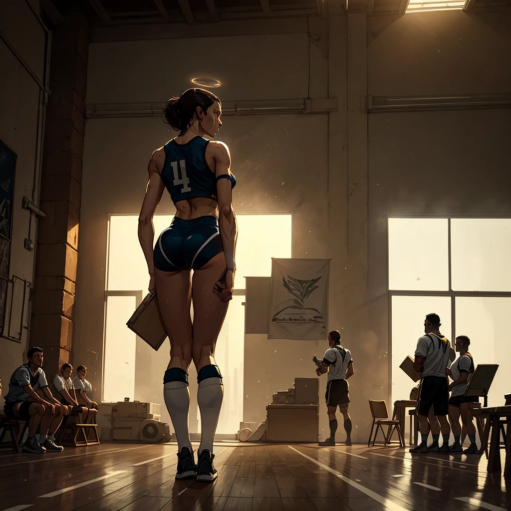 A fit dark haired Caucasian woman on the left, in striped bra and panties, A buff Norwegian blonde woman on the right, in white bra and white panties, in a gym, referee in the distance, photo realistic, intricate details