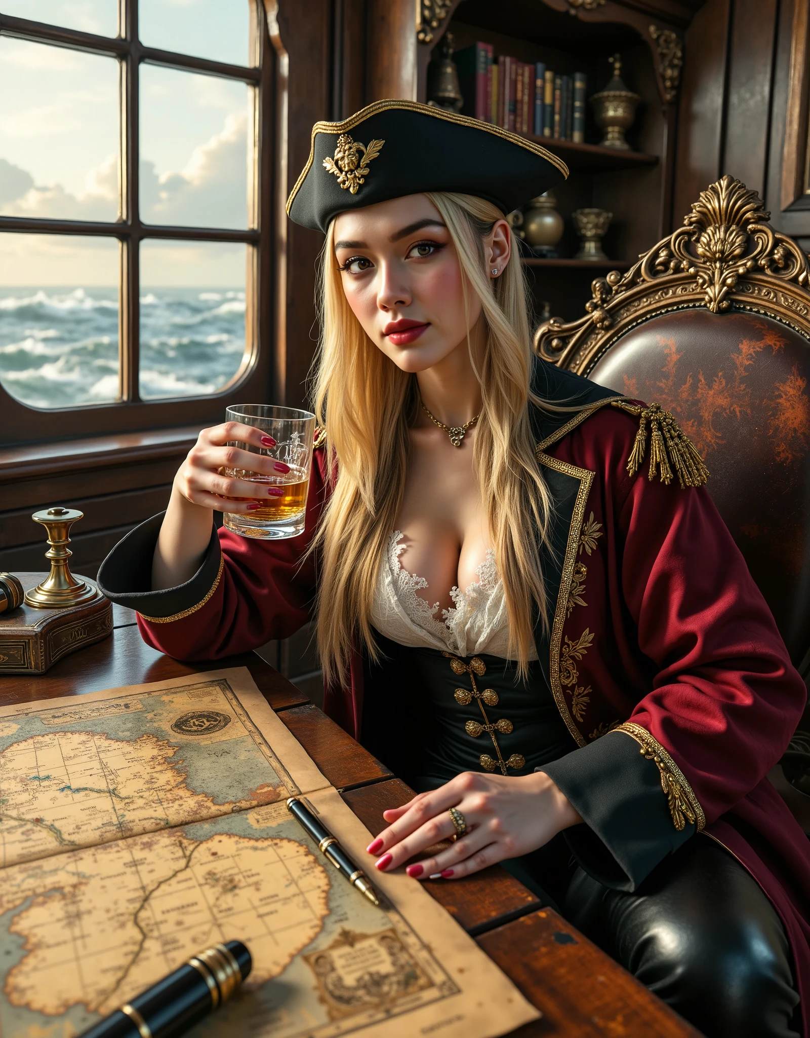 Cinematographic style, inside the captain’s cabin of a 19th century Victorian era British warship, a very beautiful female pirate captain with long flowing light golden hair leans lazily on an ornate antique captain’s chair, holding a crystal glass of whiskey in her right hand, her left index finger pointing at a specific spot on an elaborate large nautical map spread across a big wooden table in front of her, her slender long fingers adorned with luxurious gold rings symbolizing captaincy, wearing an ornate Baroque style pirate captain hat, dressed in a Baroque style elaborate navy red coat with gold trim, under the coat an unbuttoned white lace embroidered shirt revealing her beautiful fair and perfectly proportioned model body, paired with black leather pants, gazing at the camera with deep blue eyes, a subtle smile on her lips, the wooden table scattered with various tools for charting maps, an open navigation journal, and a fountain pen, the cabin filled with precious artifacts, sunlight from the wooden window casting golden highlights on her figure, turbulent sea in the distance, clouds filling the sky, best quality, ultra-high resolution, masterpiece, amazing quality, hyper-detailed, anatomically correct, cinematic lighting, extremely detailed.