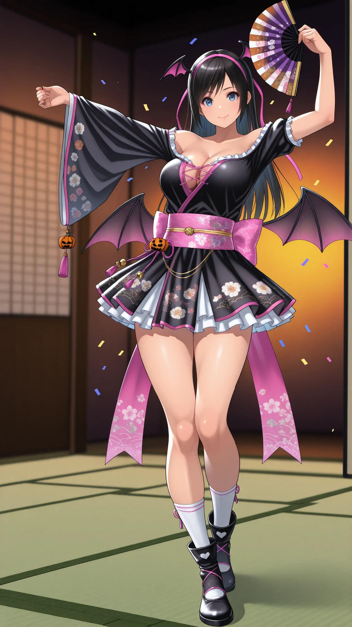 , ,perfect anatomy,masterpiece, Highest Quality, very aesthetic, Ridiculous, (Pyromyz (artist):0.4),,,1girl, kokoro (doa),kokorohalloween, black dress, hair orgment,a pair of devil wings on headband,,, Pink ribbon ,,off-shoulder,(,a pair of devil wings on the head:1.4), , large breast,,,,,,,black hair, long hair,slender,beautiful blue eyes,,, , Very beautiful thighs ,very Beautiful legs, ,,,,dancing,japanese dance,socks,(shoesless,,,holding two Folding fans on hands:1.4),japanese sensu,open the fan,spreading fan,(arms stretched, One arm overhead, the other horizontal:1.4),cleavage,,,,,smile,,,,,,,japanese-style room,tatami,shoji,, confetti,,,full body