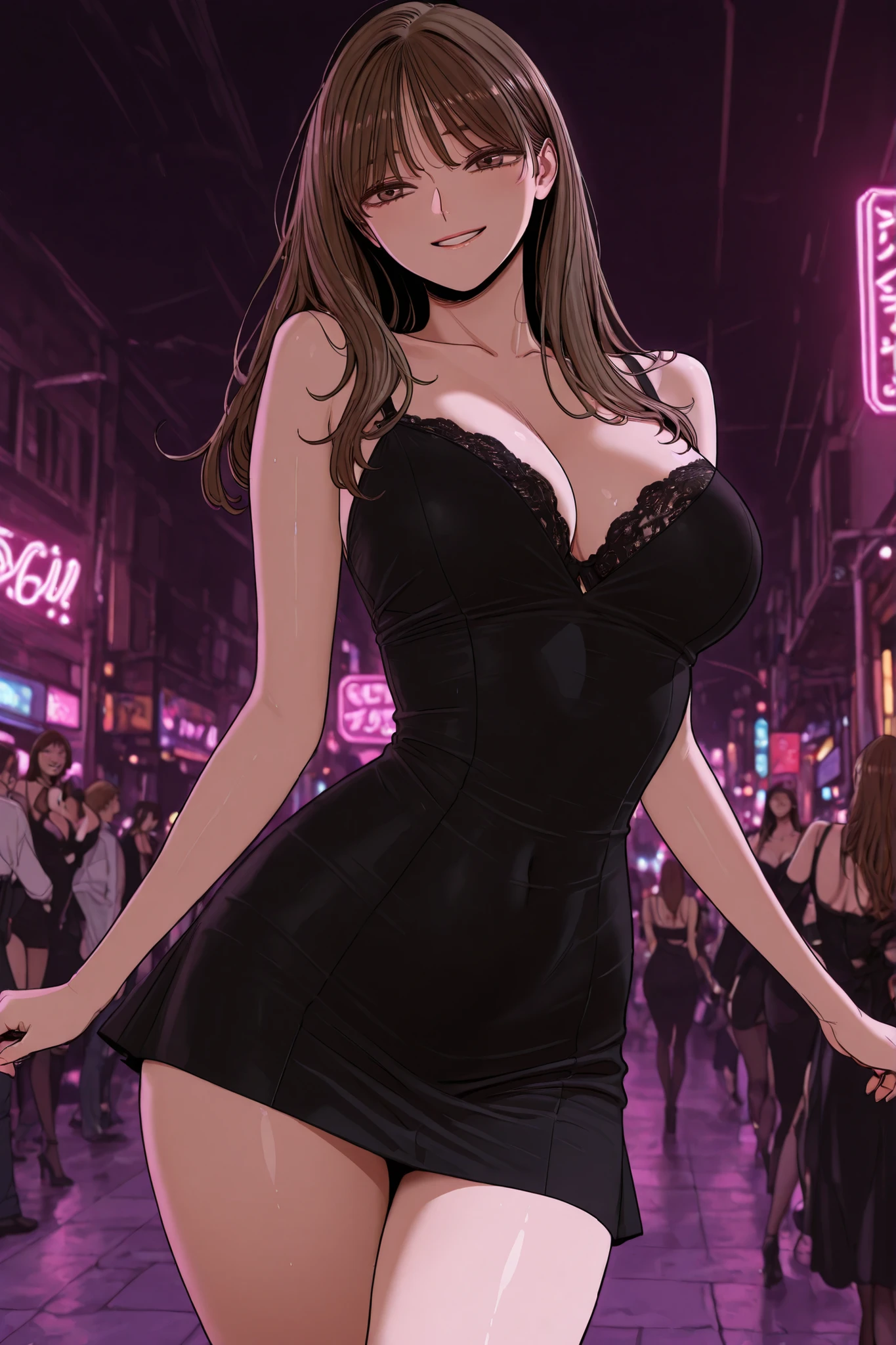 Masterpiece,top quality, delicate face, pretty face, brown hair, Natural Look,(( Beautiful Gunbari Jeong Su-ah wearing a lace bra )), bright, Light brown eyes, (( black mini dress )), slightly dim lighting, slightly glamorous body, little bit curvy body,
A club full of neon lights, dancing woman, Wobbly Hair,Musically Drunk Face, Vivid Club Background, Energetic atmosphere, Woman with a smile,