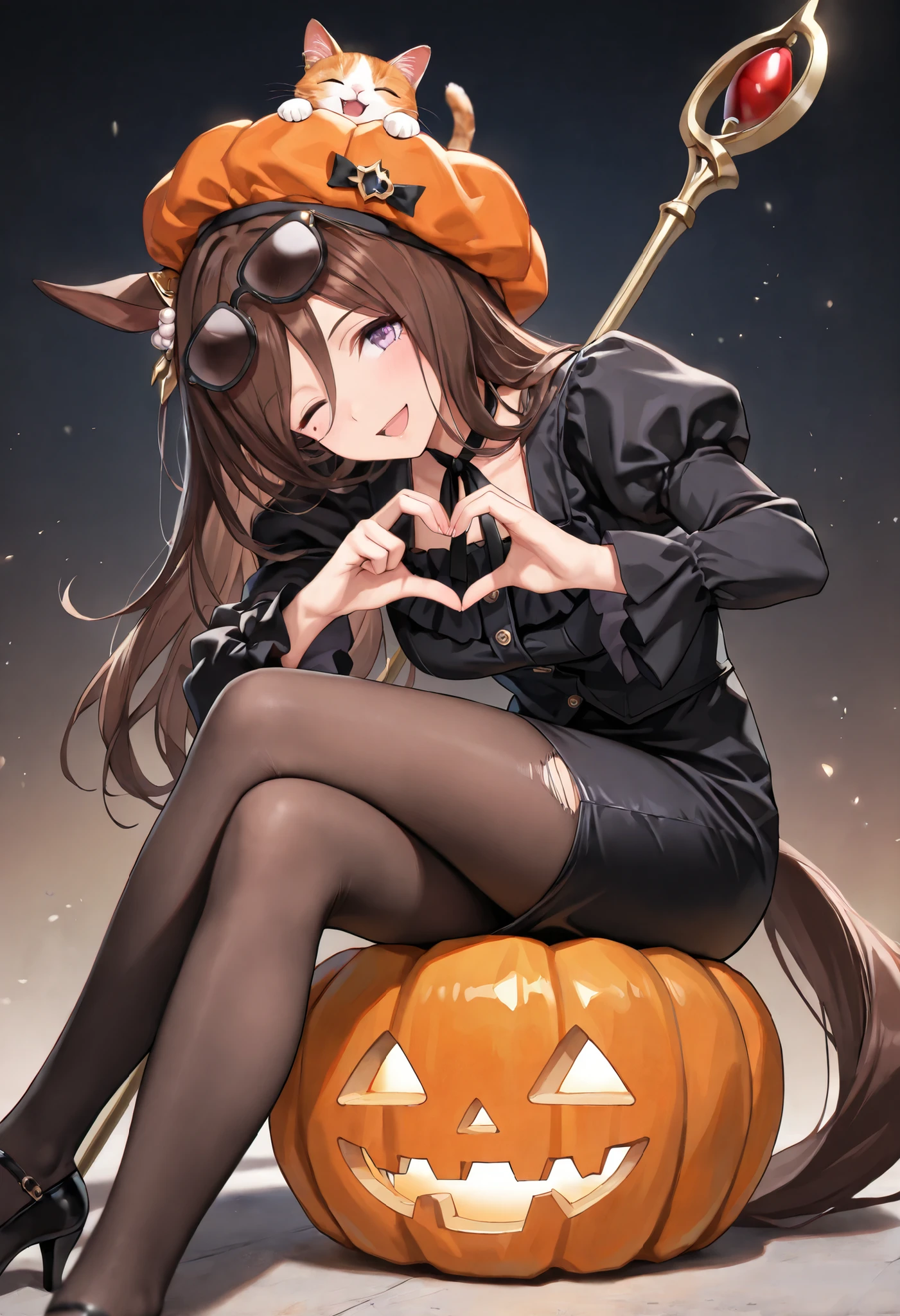 (masterpiece, best quality, perfect face:1.4), wide angle, seeking the pearl\(umamusume\), 1girl, mole under eye, horse ears, eyewear on head, ear ornament, horse tail, tail on the lower back, proportional body, proportional,1 girl, beautiful hair, beautiful face, beautiful detailed eyes, beautiful clavicle, beautiful body, beautiful chest, beautiful thigh, beautiful legs, beautiful fingers, looking at viewer, BREAK, white no sleeve blouse, wide neckline, black medium pencil skirt, black pantyhose, black pumps, sitting, crossed legs, BREAK, long sleeves, black dress, puffy sleeves, hat, frills, brown pantyhose, jack-o'-lantern, torn clothes, orange headwear, neck ribbon, halloween costume, holding staff, BREAK, Leaning forward, look up, Tilt your head, (((Heart Hands))), ((cat on top of head)), BREAK, blush happy smile (open mouth), one eyed closed, textured skin, realistic skin, HDR, BREAK, (perfect hands, perfect anatomy),