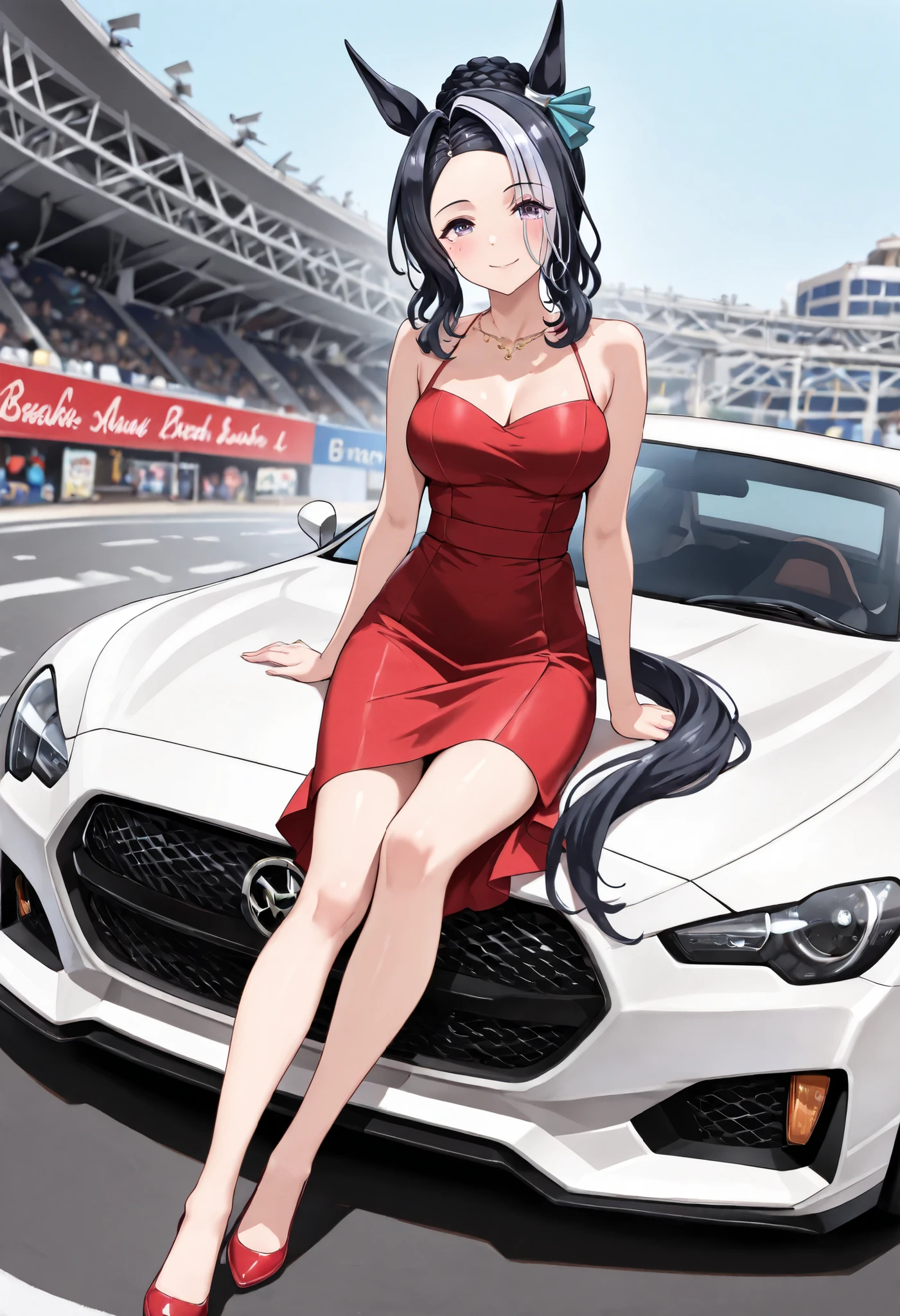 (masterpiece, best quality, perfect face:1.4), wide angle, full body, mejiro ramonu \(umamusume\), black hair, white hair, multicolored hair, ((long hair)), wavy hair, purple eyes, mole under eye, ear ornament, horse ears, horse tail, tail on the lower back, proportional body, proportional,1 girl, beautiful hair, beautiful face, beautiful detailed eyes, beautiful clavicle, beautiful body, beautiful , beautiful thigh, beautiful legs, beautiful fingers, looking at viewer, BREAK, (Motor show scene), (in the center of a sparkling sports car, A black), (Female model shines on the side), (A red dress with a tight ), (Red shoes ), (A woman is leaning on a sports car and posing), Natural three-dimensional effect, BREAK, blush smile, textured skin, realistic skin, HDR, BREAK, (perfect hands, perfect ),