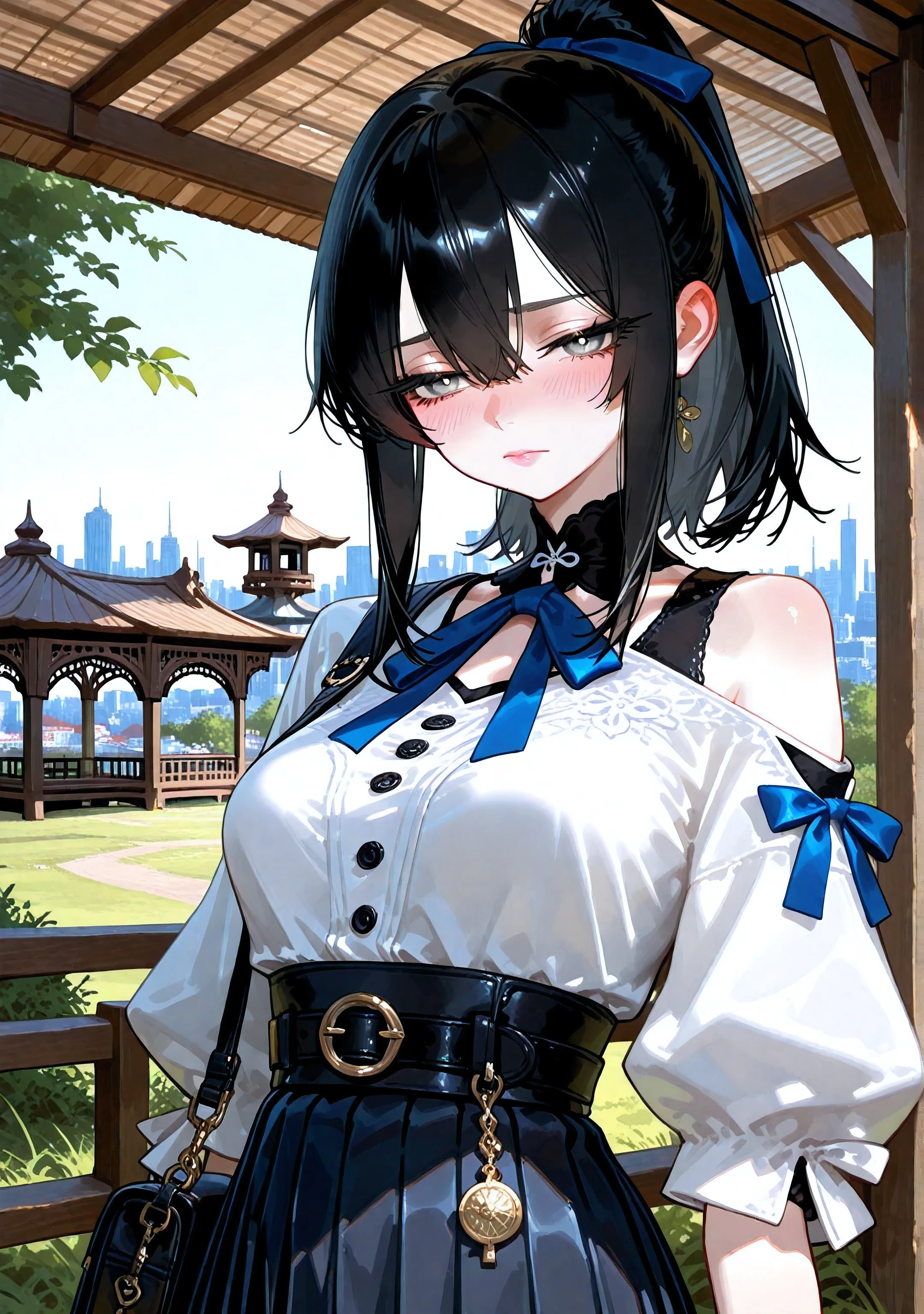 rolua.noa artstyle,style_name, ((1girl)), (solo), teenage, aesthetic, pink lips, beautiful, pin-up, black hair, medium hair, high ponytail with a blue ribbon, hair between eyes, sidelocks, porcelain skin, beautiful, grey eyes, medium breast, closed mouth, shy, embarrassed, blush, large eyes, narrowed eyes, thick eyelashes, long eyelashes, black eyelashes, black eyebrows, (crisp white blouse with rolled-up sleeves), blue bow, (high-waisted black pleated skirt), black belt, no earrings, (wooden gazebo with a cityscape and greenery in the background), (a sleek black shoulder bag with a structured rectangular shape, minimalist design, and a single adjustable strap, resting casually on her shoulder), upper body, close-up, day, looking at viewer, dynamic pose, detailed eyes, clear eyes, looking at the front, bright pupils,