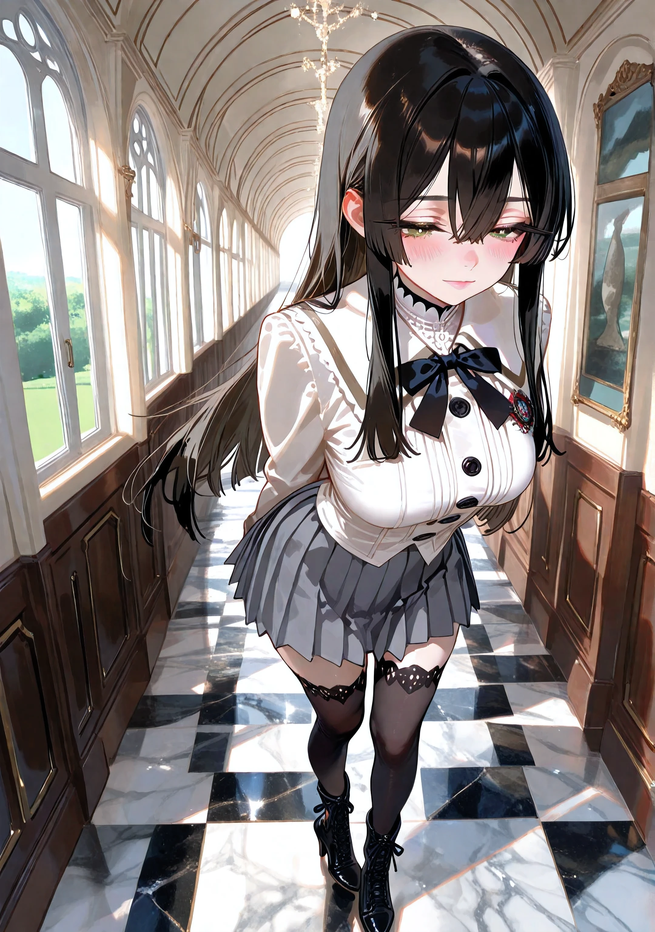 rolua.noa artstyle,style_name, ((1girl)), (solo), teenage, aesthetic, pink lips, beautiful, pin-up, black hair, long hair, hair between eyes, sidelocks, porcelain skin, beautiful, brown eyes, detailed eyes, bright pupils, clear eyes, medium breast, closed mouth, light smile, blush, large eyes, narrowed eyes, thick eyelashes, long eyelashes, black eyelashes, black eyebrows, (refined school uniform with subtle victorian elegance), (crisp white blouse with black buttons and a structured collar), no earrings, black bow, no hair ornament, academy, hallway, marble floor, day, full body, close-up, looking at viewer, high detail, r17329_illu, , , , usnr,z3zz4,, close-up, full body, black thighhigh, grey pleated skirt, black high heel boots, hallway, academy, day, looking at the viewer, looking at the front, marble floor, dynamic pose, arms behind the back,