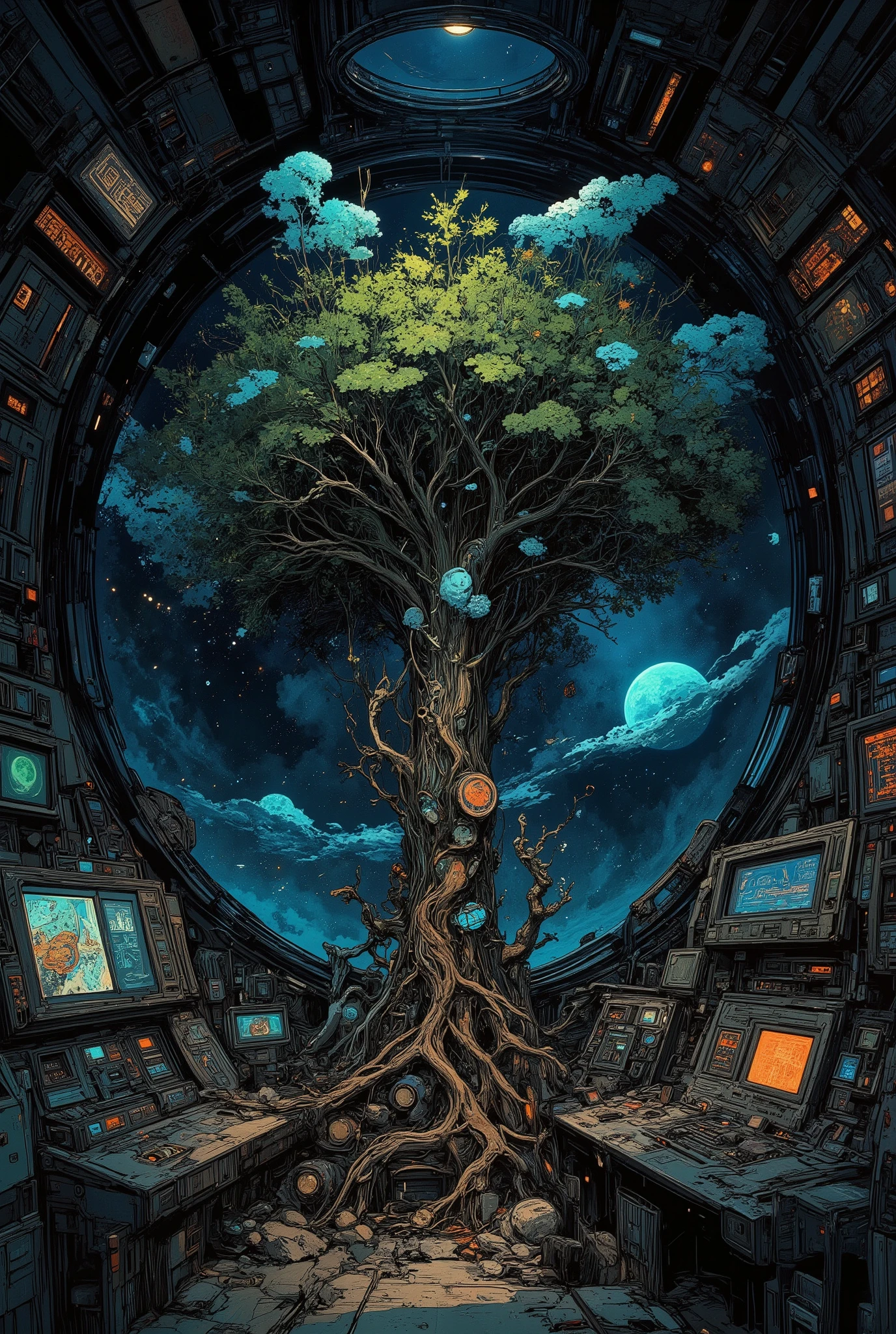 Illustration of the derelict command deck of an abandoned space station. Through a large viewport, the Earth hangs serenely. In the center, a strange, bioluminescent fungal tree has grown through the deck plating, its roots entwined with broken consoles, and its soft glow illuminating the darkness. The feeling is one of nature reclaiming technology. Highly detailed, digital painting, volumetric lighting