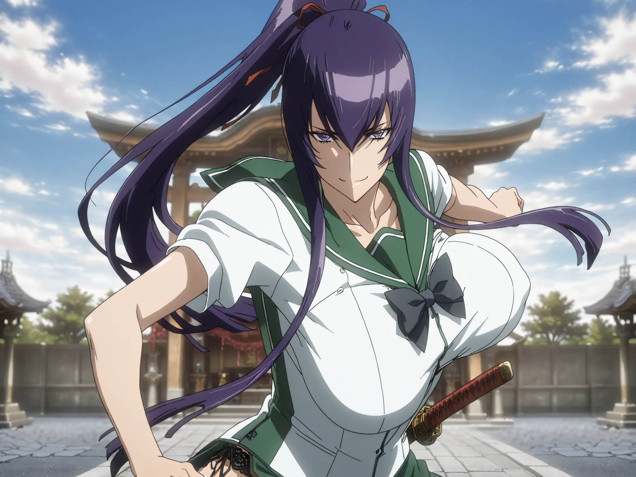 Large Breasts, anime girl with blue hair and green eyes long haired, misato katsuragi, portrait knights of zodiac girl, fubuki, kusanagi, inspired by Rei Kamoi, nico robin, ikki tousen, knights of zodiac girl, juri misaki, gainax anime style, close view 8K,HD,Wallpaper masterpiece 1.3, large ass, , thin waist, holding a katana, bloody clothes, angry, violet ninja outfit. Lookin at viewer, 