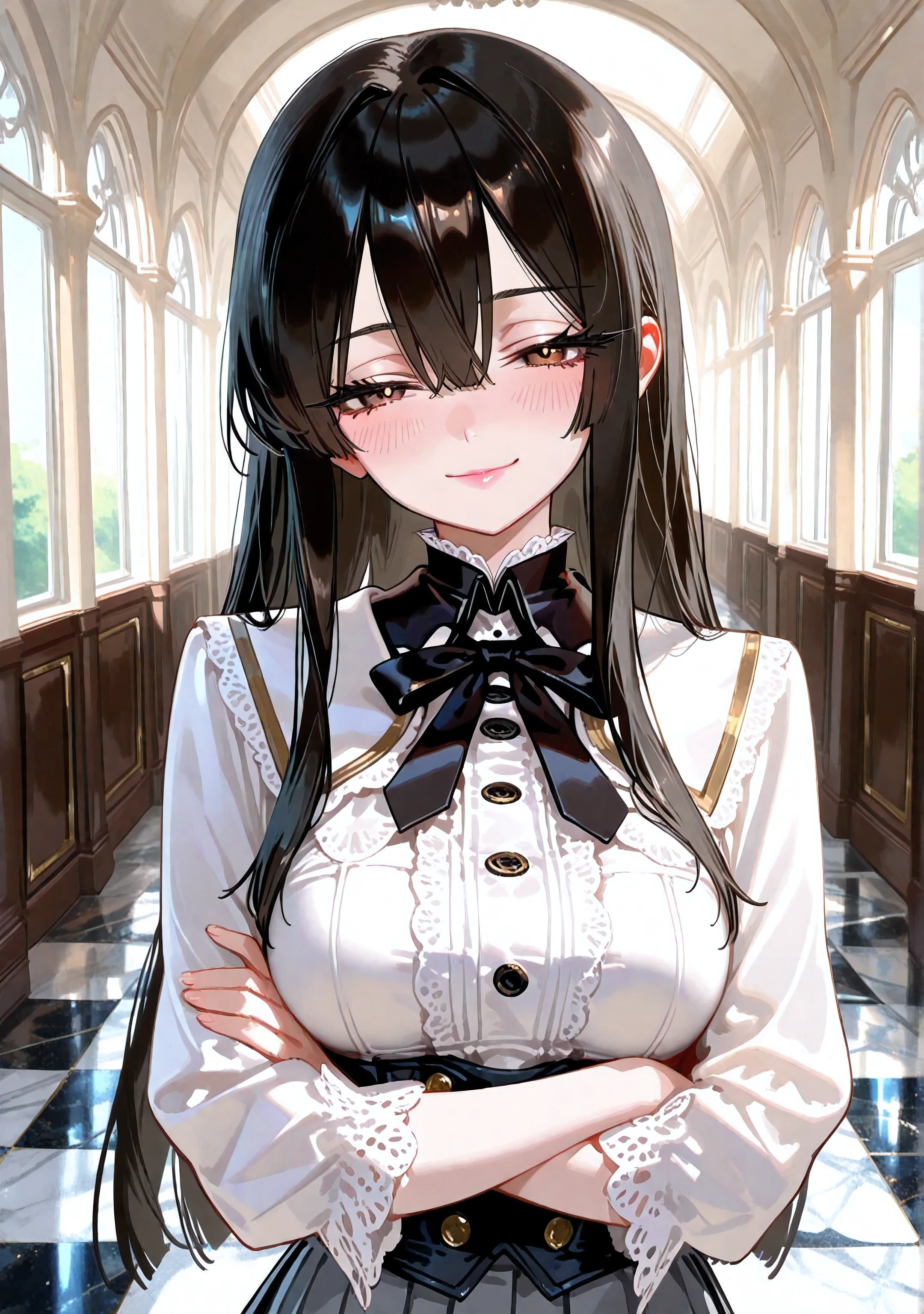 rolua.noa artstyle,style_name,, ((1girl)), (solo), teenage, aesthetic, pink lips, beautiful, pin-up, black hair, long hair, hair between eyes, sidelocks, porcelain skin, beautiful, brown eyes, detailed eyes, bright pupils, clear eyes, medium breast, closed mouth, (smile, slightly parted mouth), blush, large eyes, narrowed eyes, thick eyelashes, long eyelashes, black eyelashes, black eyebrows, (refined school uniform with subtle victorian elegance), (crisp white blouse with black buttons and a structured collar), no earrings, black bow, no hair ornament, academy, hallway, marble floor, day, looking at viewer, high detail, r17329_illu, , , , usnr,z3zz4,, close-up, upper body, grey pleated skirt, day, looking at the viewer, looking at the front, dynamic pose, crossed arms,