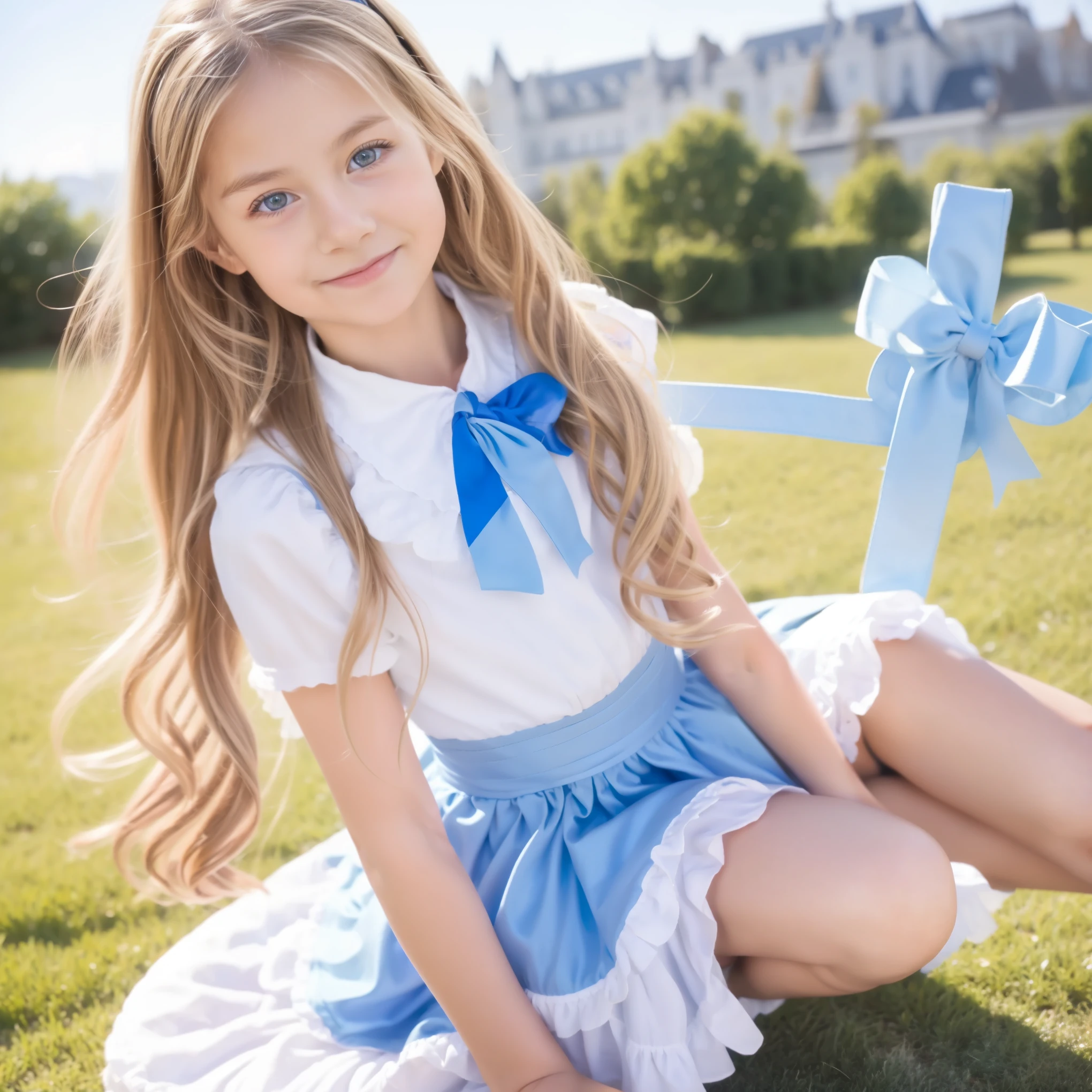 Full Body,European girls,natural smile,blue eyes,Blonde long hair,curled hair,two side up with ribbon,10 years old,