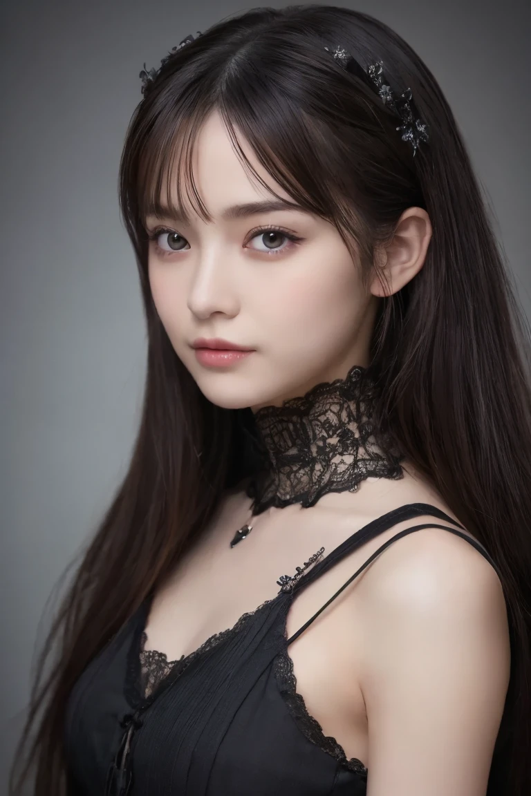 Jisoo standing in front of a backdrop, looking at camera, white dress, straight black long hair, beaufitul, perfect face, photorealistic, photo, real , asian, white skin,   