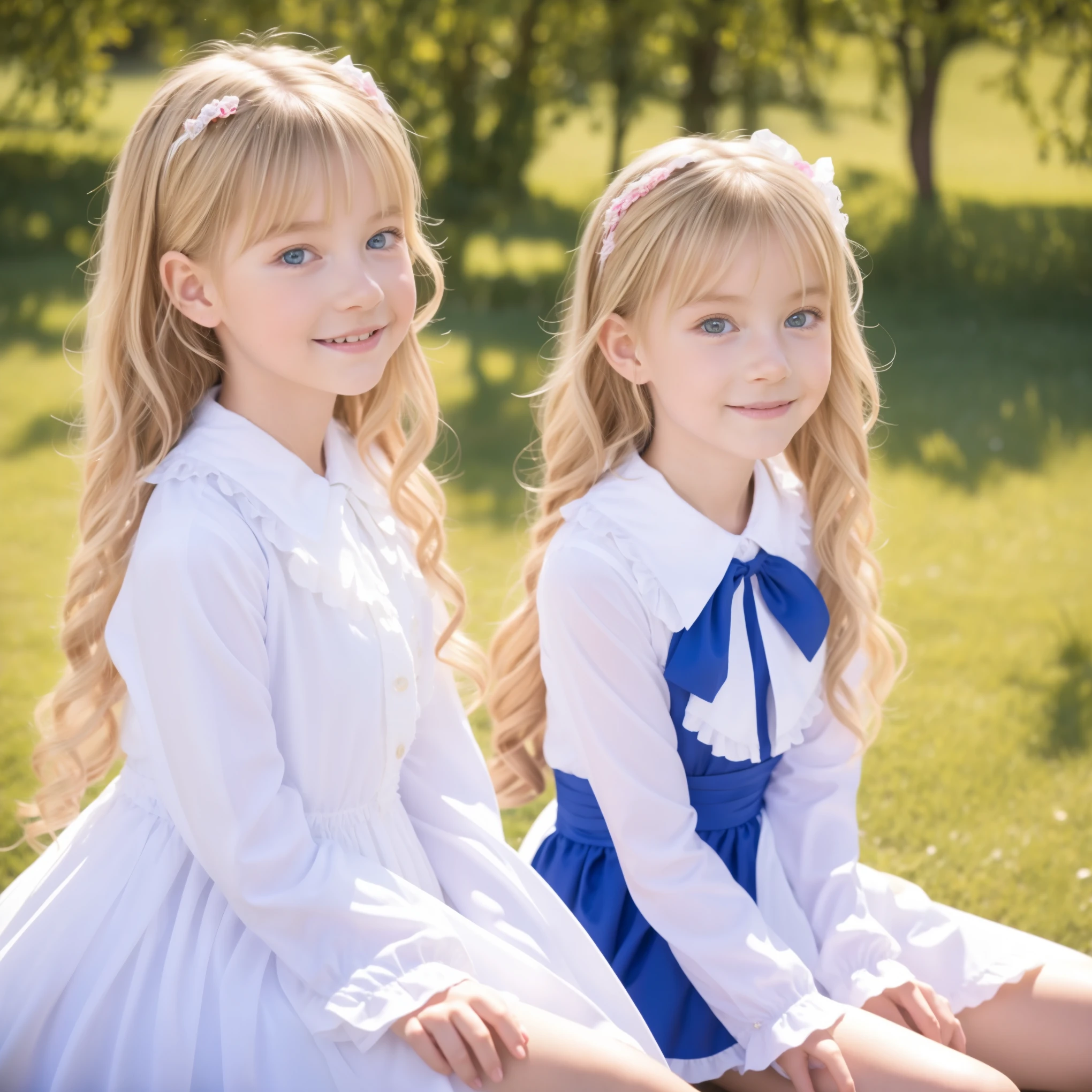 Full Body,European girls,natural smile,blue eyes,Blonde long hair,curled hair,two side up with ribbon,10 years old,