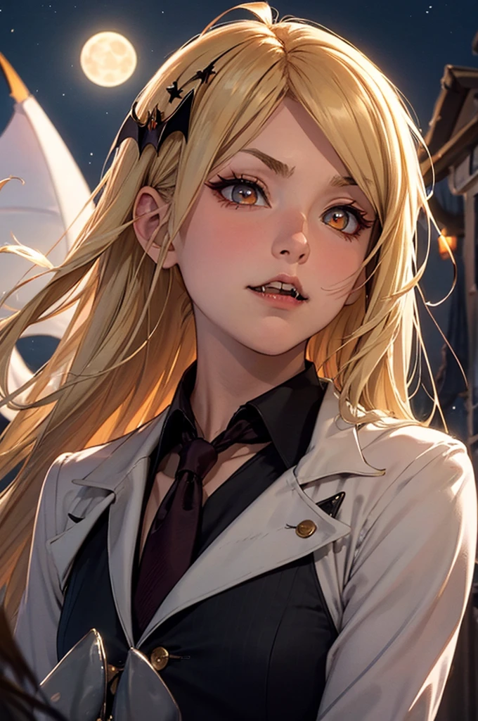 one a tall girl with an hourglass, light blue eyes and long, thick, bleached strawberry-blonde hair tied in two ponytails. Due to my work as a fashionista, I wear heavy makeup along with long (possibly fake) red nails. The usual outfit she wear includes a black cardigan over a white shirt, with both open at the third button to expose the top of her black and red , a red pleated , and medium black boots with platform heels and red laces. Her cardigan is accented with white symbols of her old high school. she accessorize with a long tie that hangs loosely around my neck with a design alternating between pure white and half black and white with a no sign that hangs loosely around my neck, a thin black choker, a red bow above the left chests and two buttons on the right side. your most notable accessory is the twin bear hair clips that are based on both sides of Monokuma. The right clip is a completely white bear with dotted eyes and a neutral expression, while the left is a black bear with a white muzzle, scalloped red eyes, and a mischievous smile.