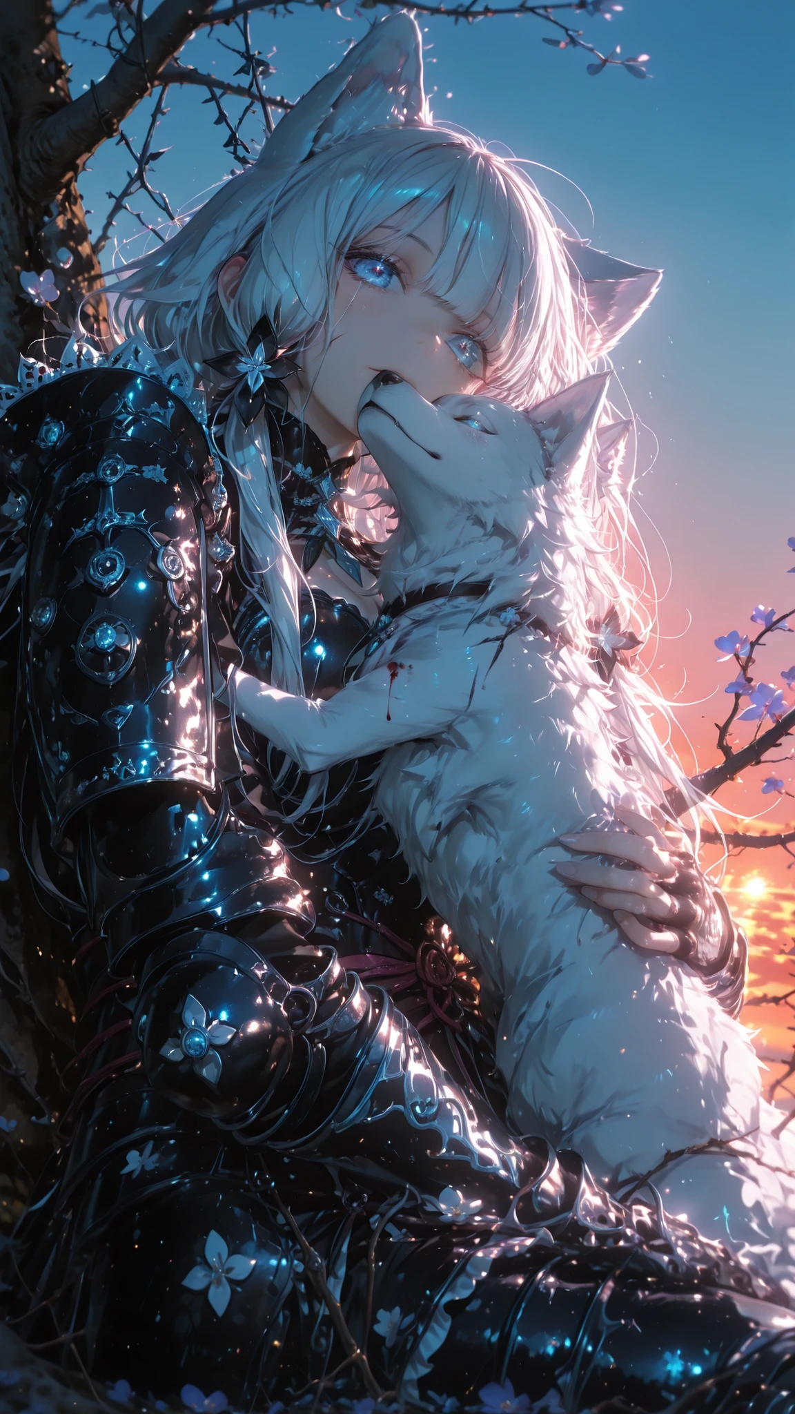 close up of a girl .heavy armor,clear sky,Game of luses,sunset,artistic contrast.white wolf.thorns,blood,1 girl sitting,Lying in a tree,wolf lying on top,Hug,
score_9, score_8_up, score_7up, high_detail_face, defined_facial_fatures, detail_eyes, detail_iris, intensive_expression, Illustrious Rabbit v0.7, anime art, masterpiece, best_quality, absurders, newest, looking at viewer, color contrast, in lilac style, dynamic angle, anime coloring book, masterpiece, best_quality, amazing quality, very awa, aesthetic lighting,