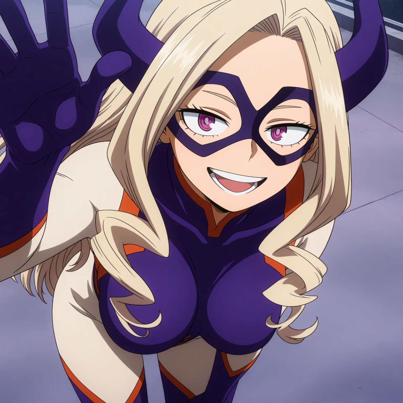 1girl, m0l4, blonde hair, long hair, purple eyes, horns, bodysuit, skin tight, domino mask, large breasts, looking at viewer, from above, leaning forward, open mouth, smile, waving, masterpiece, best quality, amazing quality, highres, absurdres, very aesthetic, high resolution, ultra detailed, perfect details, anime coloring, anime screencap, <lora:Mount_Lady-My_Hero_Academia-ilibibu-IL-v1:0.8>