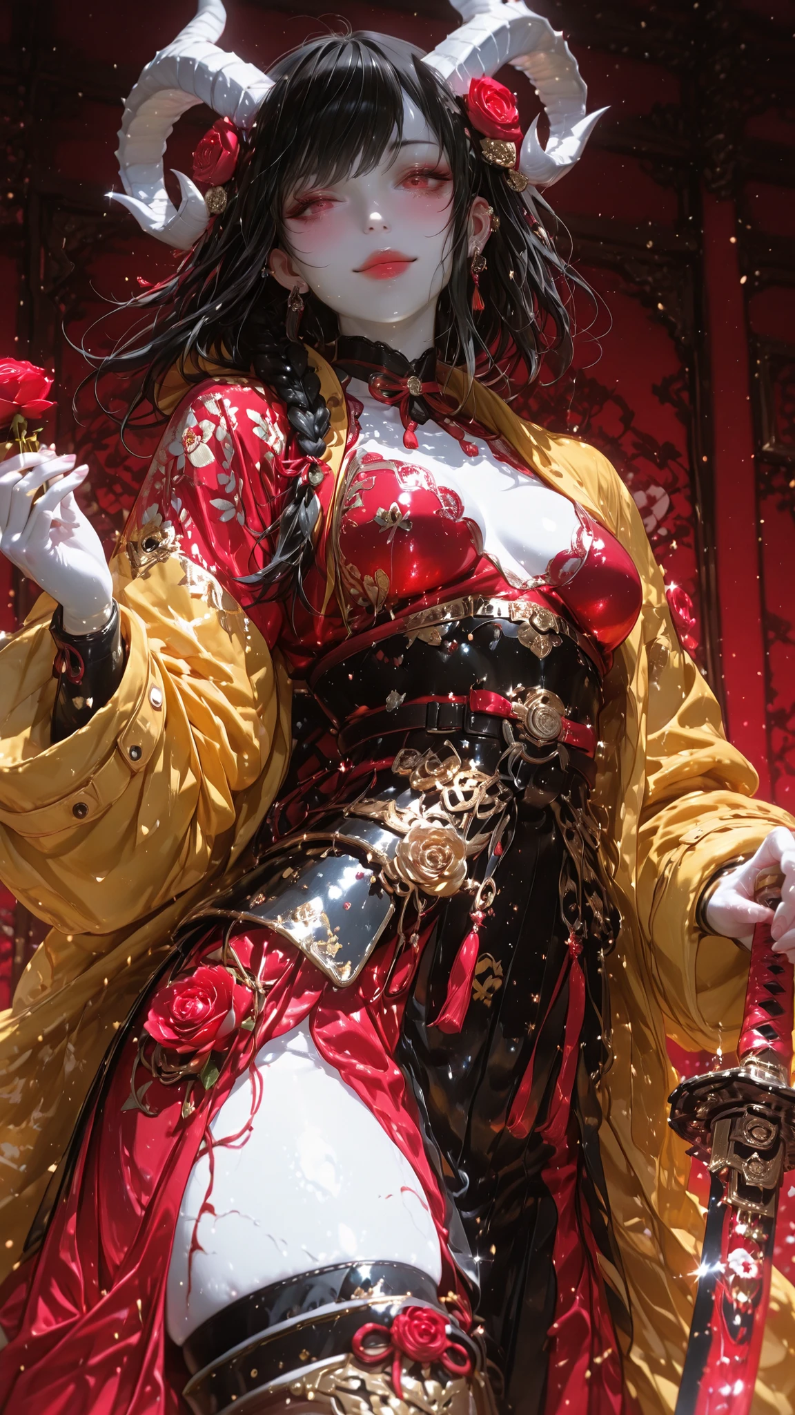Carol Buck UHD, 8K, five fingers on the right hand, 4K Ultra Clarity, highest quality, masterpiece, ultra high resolution, beautiful skin, realistic skin texture, beautiful skin detail, radiant skin, thick lips, beautiful eyes, perfect face and eyes, medium bust,1 person、Demon Girl(Shogun、long black hair、white skin、lots of ribbons、Braided Hair、 It has two horns 、she stands facing forward)、Girl holding a Japanese sword、has spines all over her body、yellow coat 、silver hakama、Golden Japanese armor(The inside is red、thick black belt)、big black shouldered armor (yellow and red thread)、big Japanese sword(Thick blade、Rose pattern) 、fearless smile 、brown long boots、Long Headband、lots of piercings、background is Japanese painting (roses drawn in red and gold)