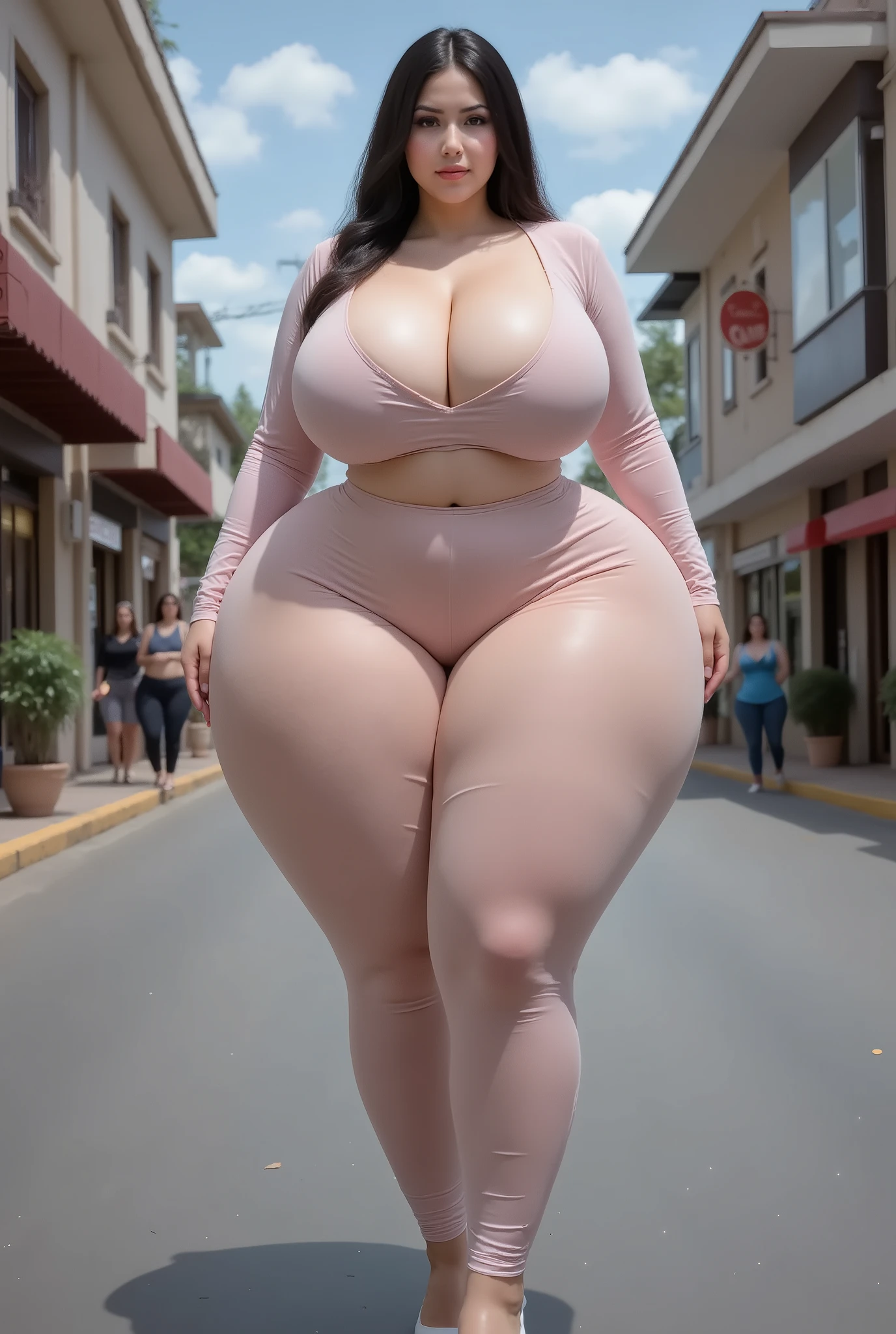 a bright full-body hyperhaired photo of a beautiful curvy young American woman wearing white curves, white dress bra sweater, short shorts, jeans, a subtle jacquard dupatta with Kurta Ensemble of oily skin formal view, leather Adidas white shoes in Crystal Creek Crossing, Fat waist hip, gigantic expression bra, full body pose, curvilinear hourglass size, 29 years old, horse long medium length brown hair and blonde, sexy,short brown hair, federal calle santa domingo Santiago puerto plata república dominicana, Street city , federal ,