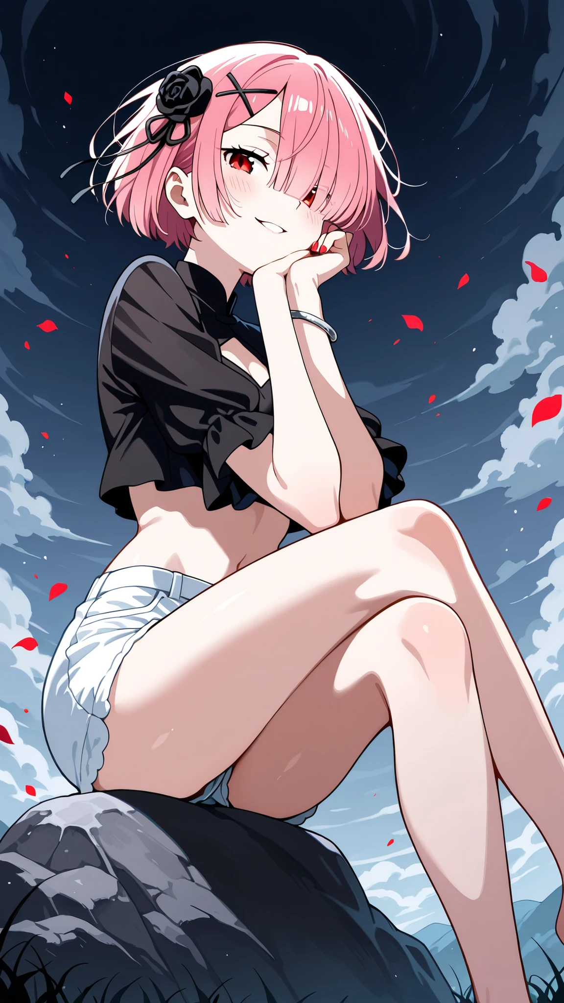 score_9, score_8_up, score_7_up, score_6_up, score_5_up, score_4_up, BREAK source_anime, 1girl, solo, outdoors, city, cowboy shot, looking at viewer, ellen, red eyes, black hair, short hair, colored inner hair, hairclip, ear piercing, fins, shark tail, hair ornament, sun dress, white dress, frilled dress, frills, white sneakers, footwear, sitting on stairs, from side, spaghetti strap 