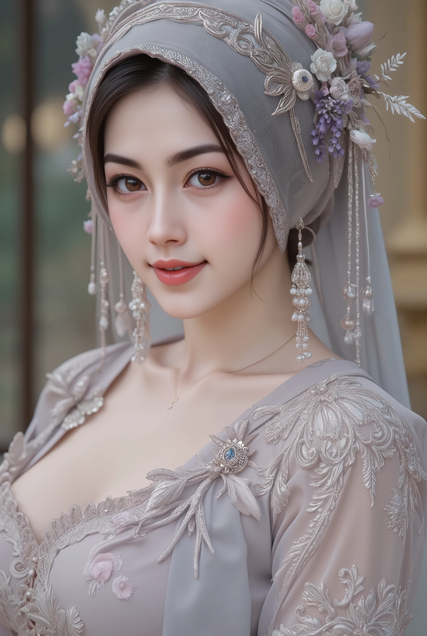 hyper HD, Masterpiece, Textured skin, 4K, Best quality of potrait a Beautiful hijab asian woman white fairy skin wearing dress , close-up half body , perfect hijab, detail veil , no hair visible, hyper realistic scarf and ornate on her side big back head hijab on likely hijab bun style , happy vibes, beauty smile open mouth showing teeth , smiling confident , huge breast , perfect hands , auto correct detail fingers.