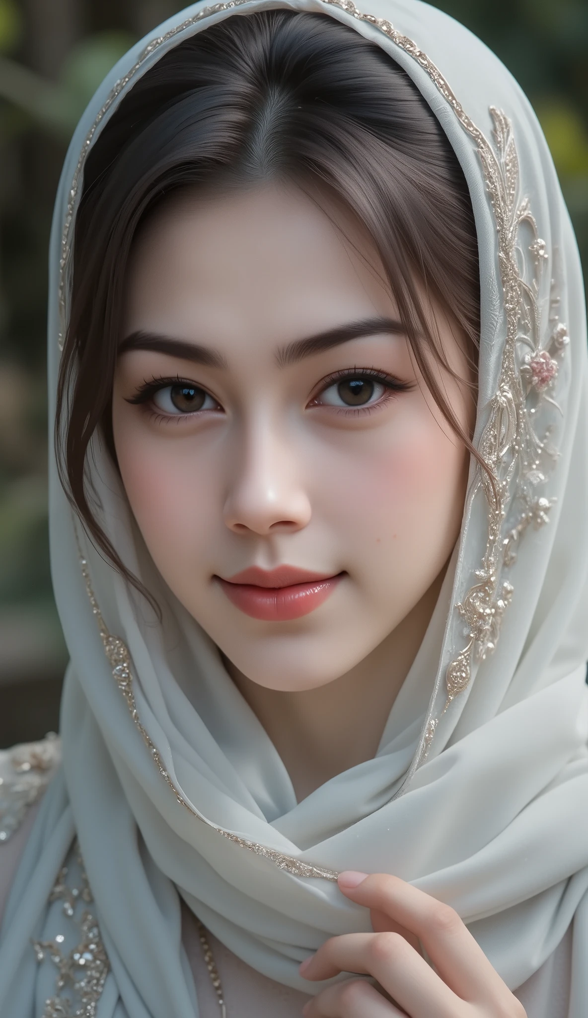 hyper HD, Masterpiece, Textured skin, 4K, Best quality of potrait a Beautiful hijab asian woman white fairy skin wearing dress , close-up half body , perfect hijab, detail veil , no hair visible, hyper realistic scarf and ornate on her side big back head hijab on likely hijab bun style , happy vibes, beauty smile open mouth showing teeth , smiling confident , huge breast , perfect hands , auto correct detail fingers.