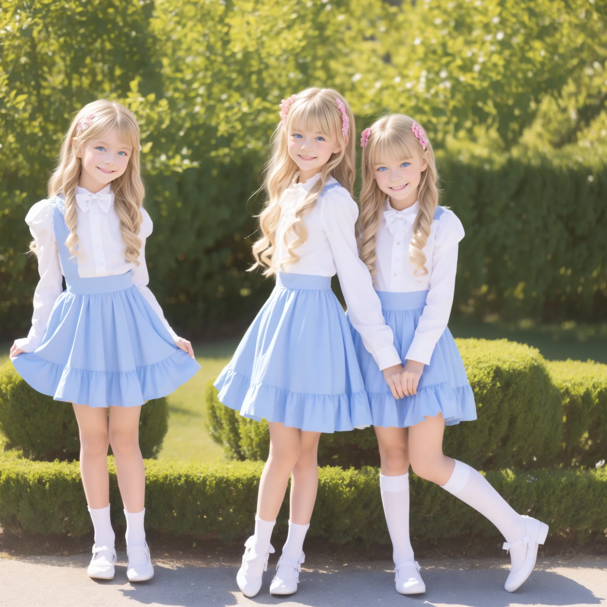 Full Body,European Girls,solo,natural smile,blue eyes,Blonde long hair,curled hair,Half twin hair with ribbon,10 years old,