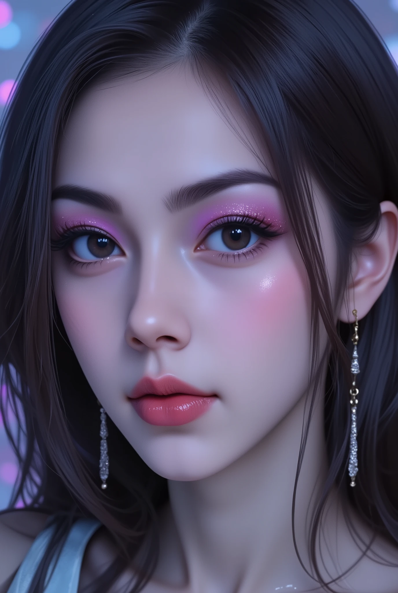 80’s glam rock makeup on shiny android face, look like Chinese pretty idol, anime, 2.5D, Glittery face, moody lighting, (purples, pinks, and blues), iridescent face, abstract ai model, pretty, sexy, minimal, sleek, slender, asian, elegant, chic, futuristic, retro, sophisticated half human half machine, close up face portrait, mouth open little, ((((ahegao)))),, half-closed eyes,