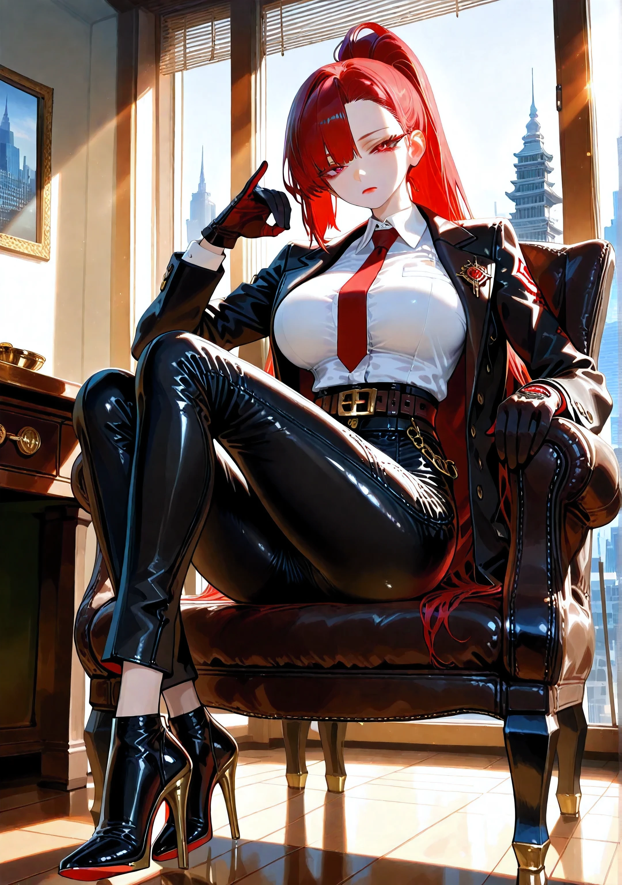 ((1female)), (solo), sexy, tall female, long legs, aesthetic, red lips, beautiful, pin-up, (long hair, long red hair tied in a sleek ponytail), asymmetrical bangs, porcelain skin, beautiful, (red crimson eyes), detailed eyes, bright pupils, clear eyes, large breast, closed mouth, sharp eyes, expressionless, narrowed eyes, thick eyelashes, long eyelashes, red eyelashes, red eyebrows, (dressed in a tailored black suit jacket, white dress shirt, red tie), tucked in shirt, open jacket, (black leather belt and gold buckle), (black fitted pants, tailored and streamlined, no visible embellishments), no earrings, no hair ornament, (black leather gloves), (black pointed-toe heels), sitting with legs crossed on a leather chair, (mahogany desk, floor-to-ceiling windows with cityscape view), warm sunlight, (casually sways one gloved hand mid-air in a dismissive, arrogant gesture), full body, close-up, looking at the front, looking at the viewer,