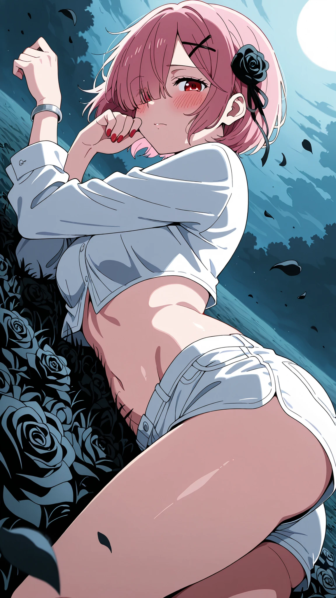 BREAK (masterpiece:1.2),Vast field of black roses stretching to the horizon,
thick fog rolling low across the ground,
dew glistening faintly on petals,
pale moonlight filtering through mist,
silent, melancholic, gothic atmosphere, ram, hair flower, hair ornament, hair over one eye, pink hair, red eyes, short hair, x hair ornament,Female anime outfit,
open linen shirt over cropped top,
light shorts,
,looking at viewer,cowboy shot,wide-angel,floating hair,red nails,silver bracelet,blush, lying on her stomach, hips slightly raised, arched back, seductive look over shoulder, smooth skin, detailed body curves, ultra detailed, 4k,blush,shy face,lying on field,side shot,from below,