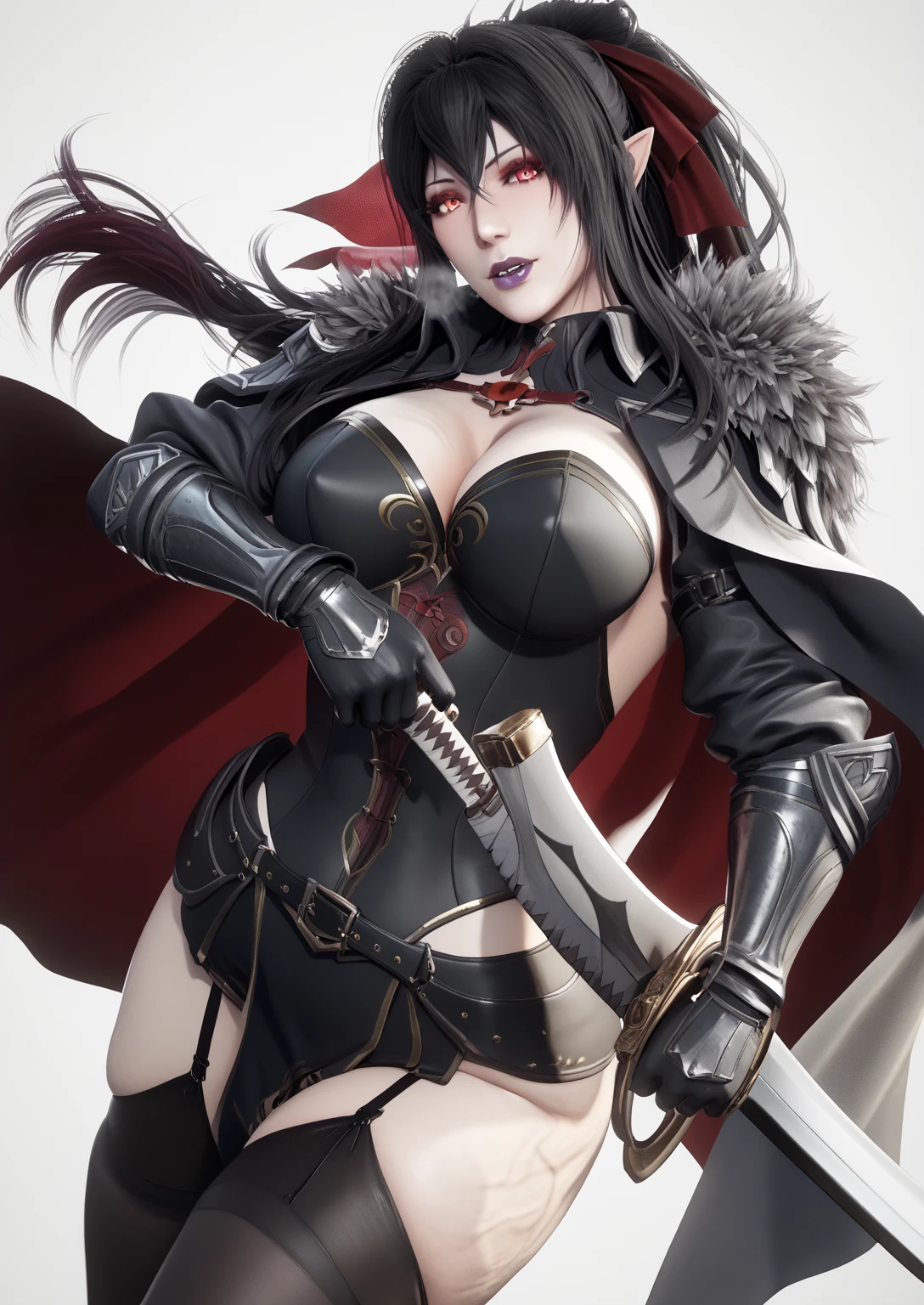 ry4nr30s, Ryan Reos, Ryan Reos Art Style, 3d, ((Cinematic, unreal-engine, eye-catching, ambient occlusion, UHD, masterpiece)), ((perfect lighting, dappled sunlight)), comic, score_9, score_8_up, score_7_up, score_6_up, score_5_up, score_4_up, uncensored, detailed background, vignetting, high quality, absurdres, best quality, very aesthetic, newest, digital art, trending on ArtStation, ((anatomical correct)), perfect body, perfect eyes, perfect fingers, gasping, heavy breathing, gasping profusely, (()), ((curvy, thigh gap)), enigma, vampire, long hair, black hair, hair between eyes, red eyes, pale skin, purple lips, lipstick, pointy ears, , plump, cellulite, bright pupils, weapon, open_mouth, gauntlets, solo, thighhighs, garter_straps, sword, looking_at_viewer, cape, black_thighhighs, hair_intakes, streaked_hair, white_background, fur_trim, 