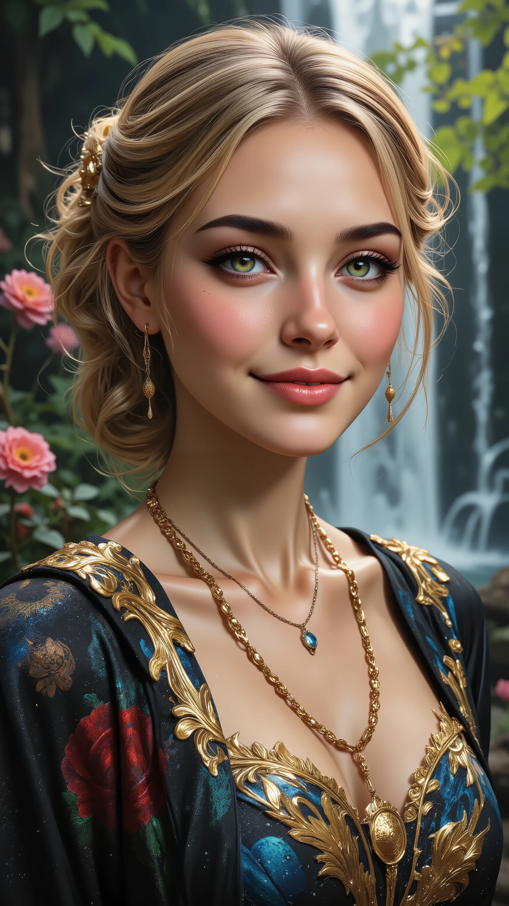 Ultra-realistic (photorealistic Realism) , "UHD, Hyper high resolution" - "(Hyper quality, intricately ultra-detailed digital art)" (Key Directive: - ("The priority is the anatomical accuracy and texture of the materials" - "Ultra-sharp human eyes with biological accuracy") (realistic texture details: velvety skin, hair), long Lashes: individual synthetic fibers (crosshatched roots:1 . 2 , clump-free separation), { "Eyes:(acid-resistant terminology) (macro-details:1.5): * Moist corneal surface (visible aqueous layer:1.2) * Hyper-detailed iris eyes (green) * Precise limbal ring (slightly darker pigmentation:1.3) * Pupil micro-texture (irregular edge authenticity:0.9) * Vasculature in sclera (subtle blue veins radiating from limbus)" } (Avoid: "pupil distortion , uncanny valley asymmetry , plastic-like wetness"),detailed portrait of a princess wearing a luxurious fur robe over a royal dress, she has a warm smile on her face, lush waterfall in the background, colorful flowers surrounding her, highly detailed, 8k, photorealistic, realistic lighting, professional digital art, dramatic fantasy style, oil painting, vibrant colors, intricate details, h4nd