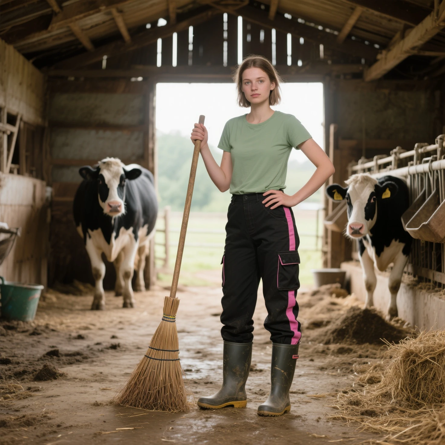 A young woman stands confidently in a barn, holds a broom with one hand ...