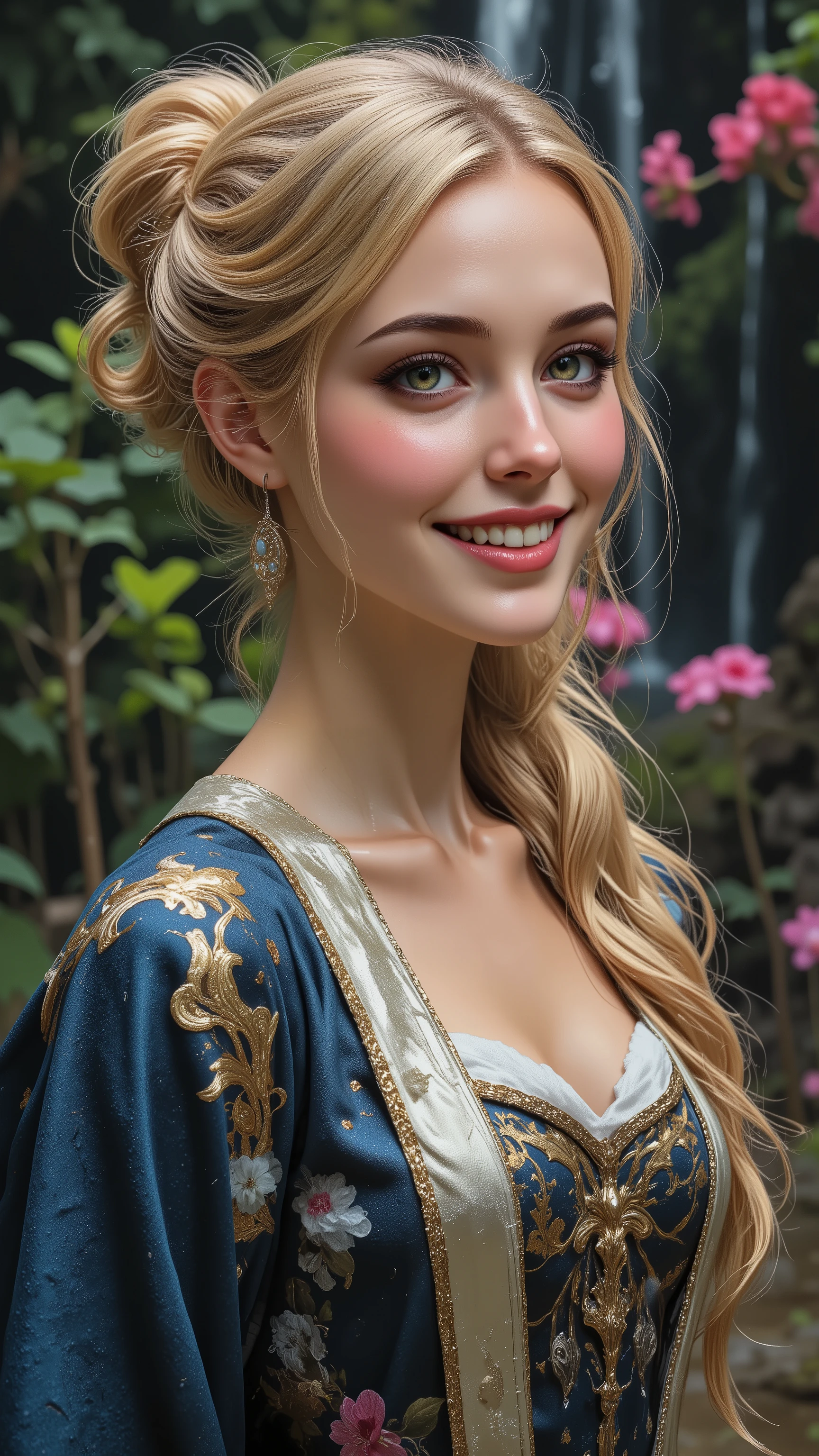 Ultra-realistic (photorealistic Realism) , "UHD, Hyper high resolution" - "(Hyper quality, intricately ultra-detailed digital art)" (Key Directive: - ("The priority is the anatomical accuracy and texture of the materials" - "Ultra-sharp human eyes with biological accuracy") (realistic texture details: velvety skin, hair), long Lashes: individual synthetic fibers (crosshatched roots:1 . 2 , clump-free separation), { "Eyes:(acid-resistant terminology) (macro-details:1.5): * Moist corneal surface (visible aqueous layer:1.2) * Hyper-detailed iris eyes (green) * Precise limbal ring (slightly darker pigmentation:1.3) * Pupil micro-texture (irregular edge authenticity:0.9) * Vasculature in sclera (subtle blue veins radiating from limbus)" } (Avoid: "pupil distortion , uncanny valley asymmetry , plastic-like wetness"),detailed portrait of a princess wearing a luxurious fur robe over a royal dress, she has a warm smile on her face, lush waterfall in the background, colorful flowers surrounding her, highly detailed, 8k, photorealistic, realistic lighting, professional digital art, dramatic fantasy style, oil painting, vibrant colors, intricate details, h4nd