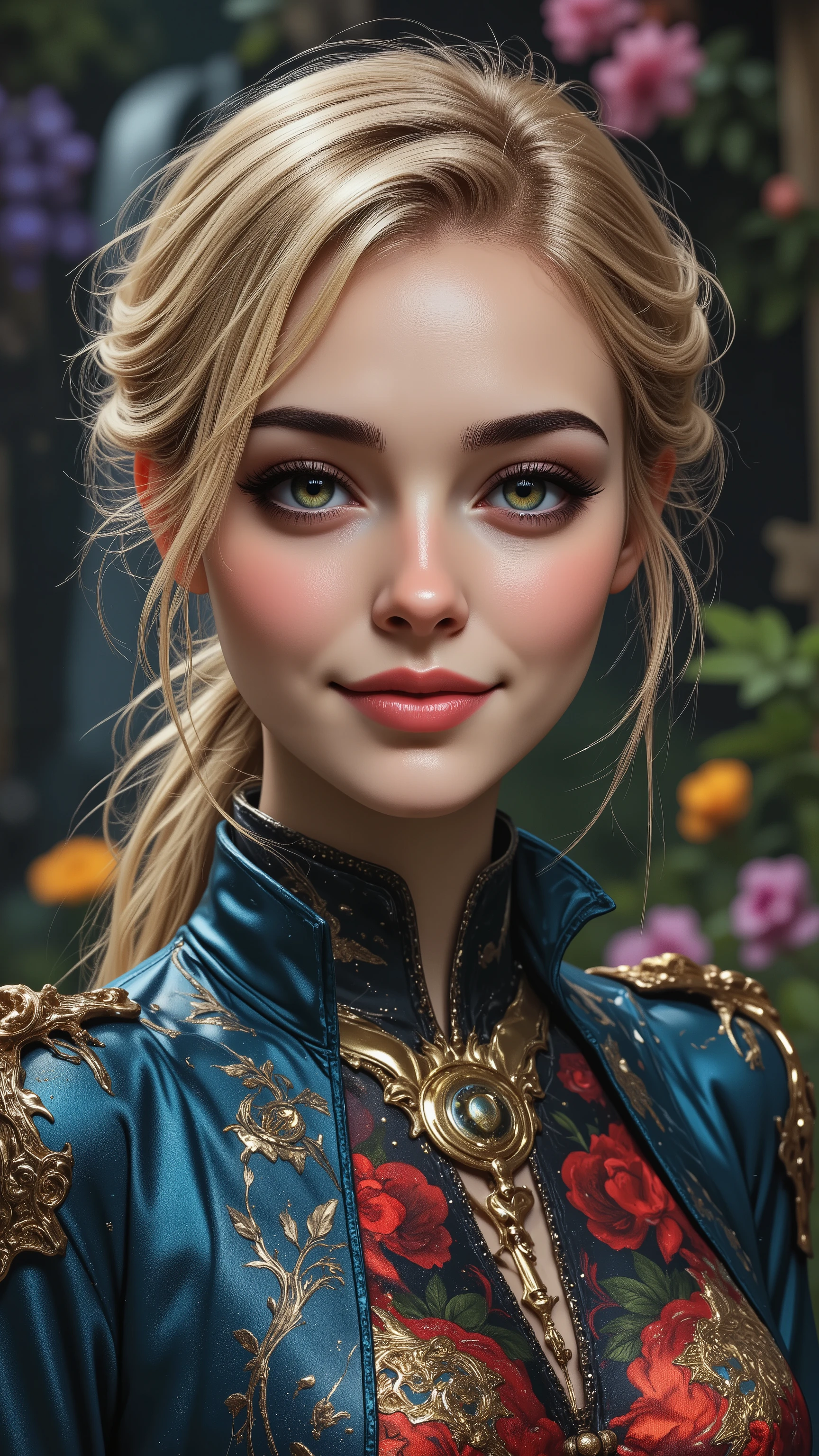  Ultra-realistic (photorealistic Realism) , "UHD, Hyper high resolution" - "(Hyper quality, intricately ultra-detailed digital art)" (Key Directive: - ("The priority is the anatomical accuracy and texture of the materials" - "Ultra-sharp human eyes with biological accuracy") (realistic texture details: velvety skin, hair), long Lashes: individual synthetic fibers (crosshatched roots:1 . 2 , clump-free separation), { "Eyes:(acid-resistant terminology) (macro-details:1.5): * Moist corneal surface (visible aqueous layer:1.2) * Hyper-detailed iris eyes (green) * Precise limbal ring (slightly darker pigmentation:1.3) * Pupil micro-texture (irregular edge authenticity:0.9) * Vasculature in sclera (subtle blue veins radiating from limbus)" } (Avoid: "pupil distortion , uncanny valley asymmetry , plastic-like wetness"),detailed portrait of a princess wearing a luxurious fur robe over a royal dress, she has a warm smile on her face, lush waterfall in the background, colorful flowers surrounding her, highly detailed, 8k, photorealistic, realistic lighting, professional digital art, dramatic fantasy style, oil painting, vibrant colors, intricate details, h4nd
