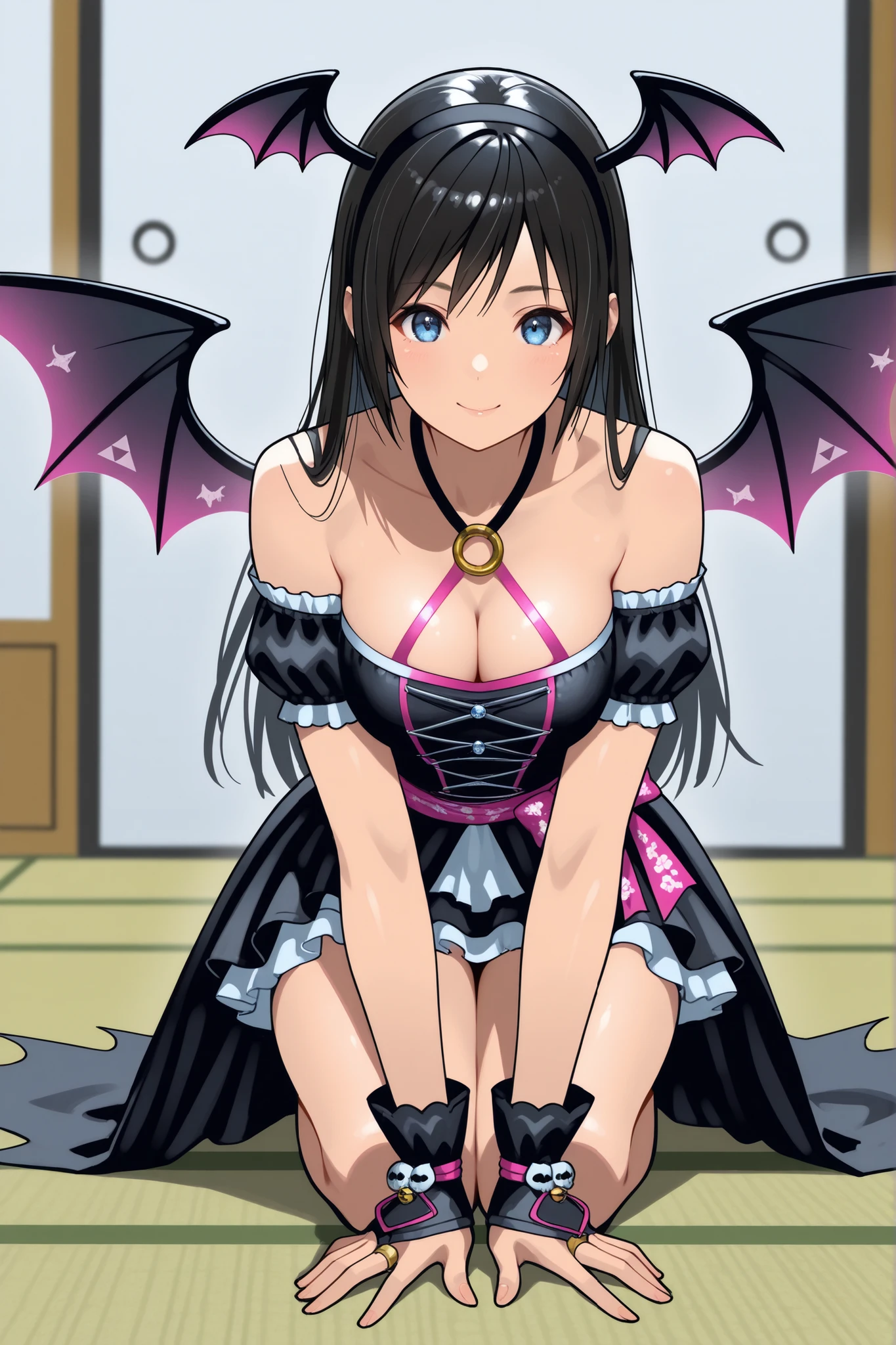, ,perfect anatomy,masterpiece, Highest Quality, very aesthetic, Ridiculous, (Pyromyz (artist):0.4),,,1girl, kokoro (doa),kokorohalloween, black dress, hair orgment,a pair of devil wings on headband,,, two Pink ribbon accessories at the both side of waist,,off-shoulder,(,a pair of devil wings on the head:1.4), , large breast,,,,,,,black hair, long hair,slender,beautiful blue eyes,,, , Very beautiful thighs ,very Beautiful legs, ,,,,,,,,,,,,,seiza,legs together,,hands open,fingers stretched,graceful bowing,,,,,(hands on the floor, making a triangle shape with hands:1.4),leaning forward,cleavage,,,,,smile,,,,, Japanese-style room,tatami,shoji,,,,,,upper body