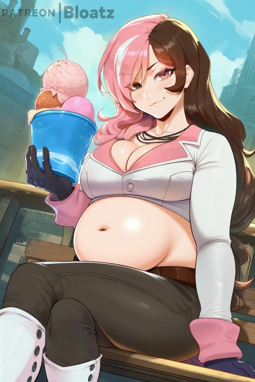 big belly, sitting, pregnant, fat, large stomach, fatty, fat, large belly, standing, fat belly, very fat, large stomach, chubby,very fat, safe for work, obese, giant belly, fat, huge, heavy, very fat, safe for work, fat, large belly, big belly, very fat, large stomach, chubby (best quality, masterpiece), Junko Enoshima, holding ice cream