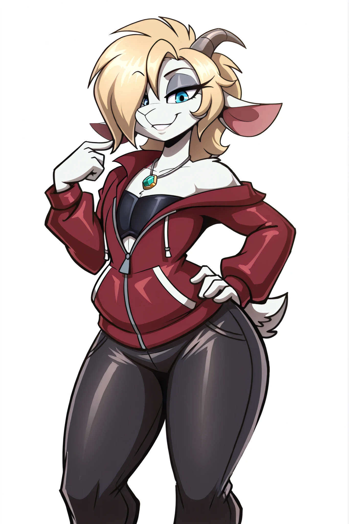 (solo), anime/manga style, best quality, high resolution, absurdres, BREAK, (adult), uploaded on danbooru, uploaded on e621, [by rick griffin:0.5], (by jizoku, by inu-sama), [by zeekzag], by sssonic2, [by mastergodai:0.2], [by chalo:0.32], by r-mk, [by joaoppereiraus], [by jrvanesbroek:0.4], (anthro, lamb, pale white body:1.1), (femboy male, feminine body, breastless), (sea blue eyes, eyelashes, grey eyeliner), (straight medium feminine hair, light blonde hair, hair over eye), (red jacket, black top, black jeans), (gem necklace), (lidded eyes, sassy, sexy, adorable, small parted smile), floof, blue pendant emitting ice particles, ((looking down at viewer, low-angle shot)), noblewoman pose, horns