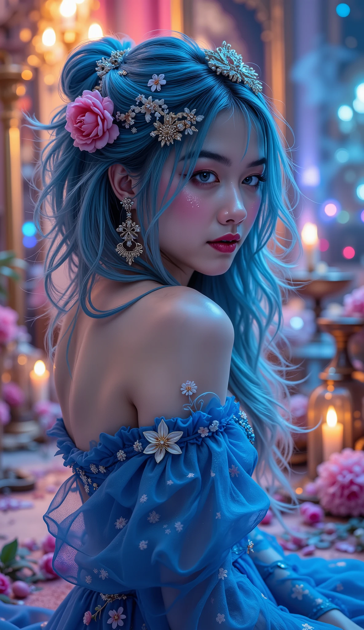 Woman with gorgeous hair and makeup in a blue dress, Complex and vibrant colors, Colorful art , surreal color , colorful digital fantasy art, with beautiful colors, The atmosphere of fantasy and dreams, Exquisite and colorful masterpiece, Artistic painting, Beautiful color art!, Exquisite Digital Art, artistic 4k , Synesthesia , , Psychedelic color theme, A colorful picture , Psychedelic aesthetics