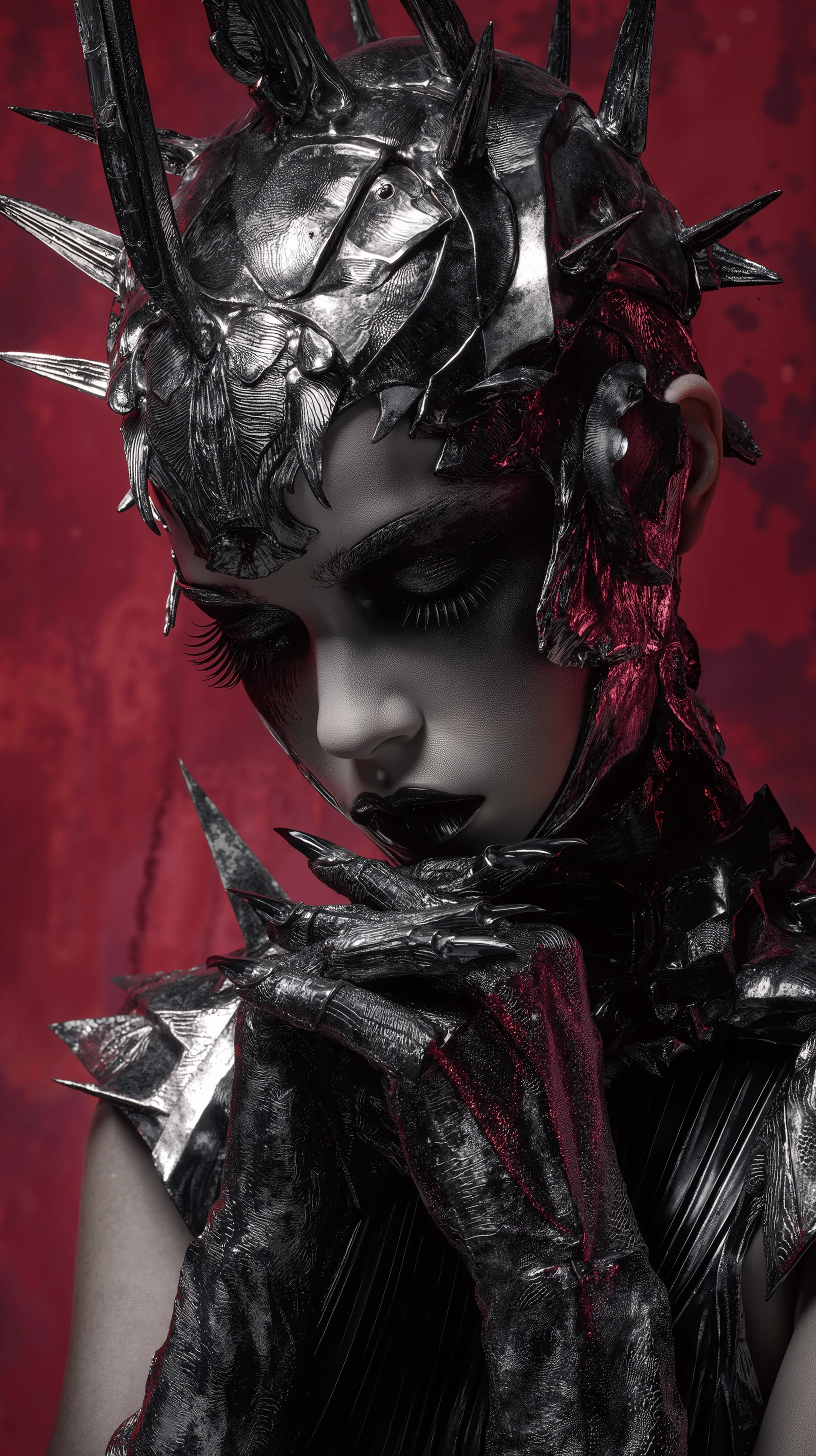 A surreal and brutal transformation of a fashion model merging with a praying mantis, with a body fused with chrome and metallic armor, sharp spikes protruding from the limbs and back, adorned with dark, gothic latex and leather clothing. The face is fierce and dramatic, with bold black makeup and sharp, angular features. The skin has a sinister, reflective sheen, like polished metal, with veins of deep red and dark purple creeping through. The overall vibe is post-apocalyptic, punk, and dark, capturing an eerie, gothic elegance with a futuristic twist. Gothic red background
