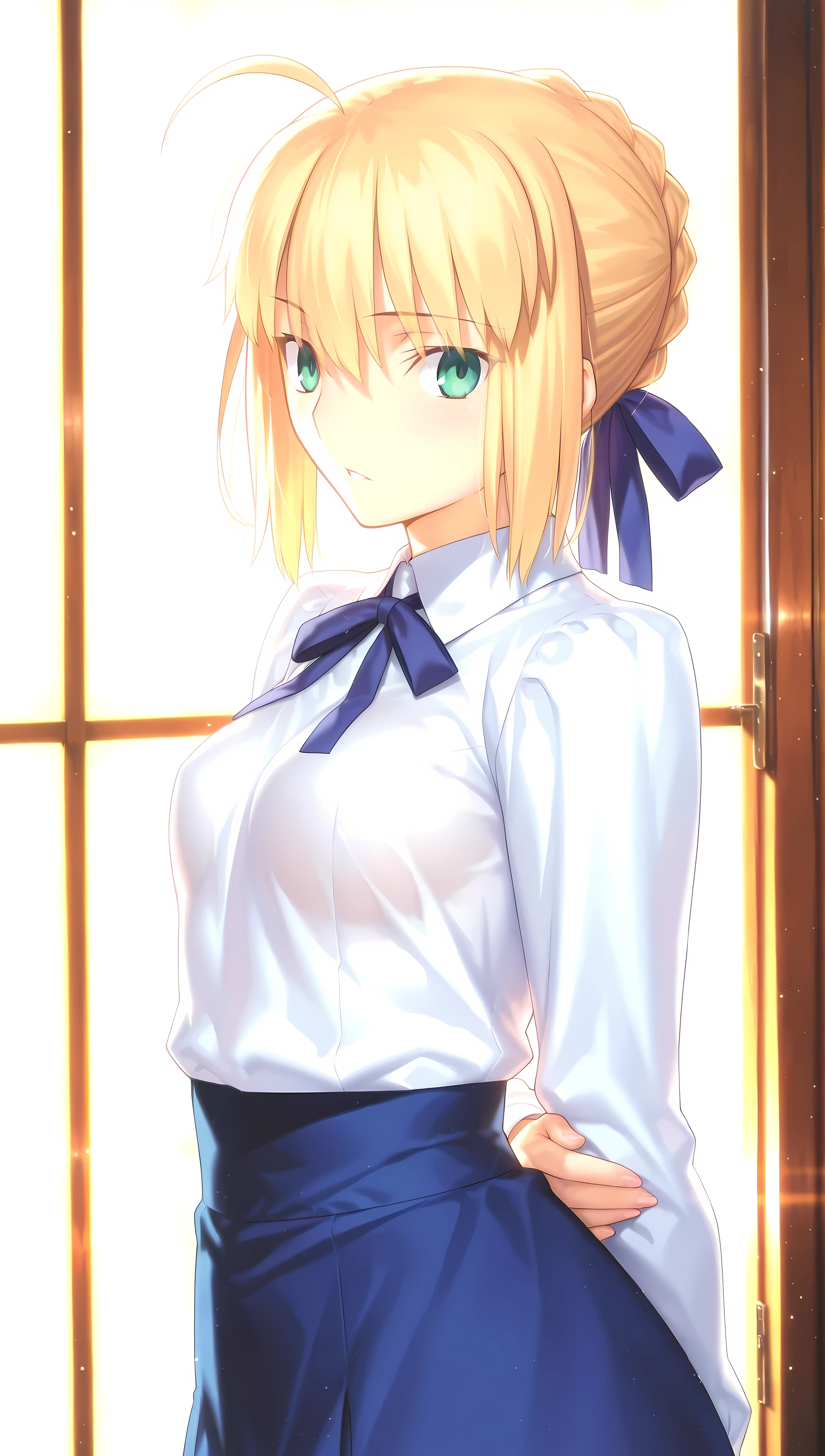 solo,masterpiece,best quality,super fine illustration、finely detail 、clear picture、UHD、HDR, amazing quality, highres, absurdres, very aesthetic, high resolution, ultra detailed, perfect details,(masterpiece, detailed:1.2,artoria pendragon (fate), artoria pendragon (saber) (fate),green eyes, white shirt, neck ribbon, blue skirt,hair ribbon 、、looking at viewer、mature female、small breasts,takeuchi takashi,lie on own back,breast focus