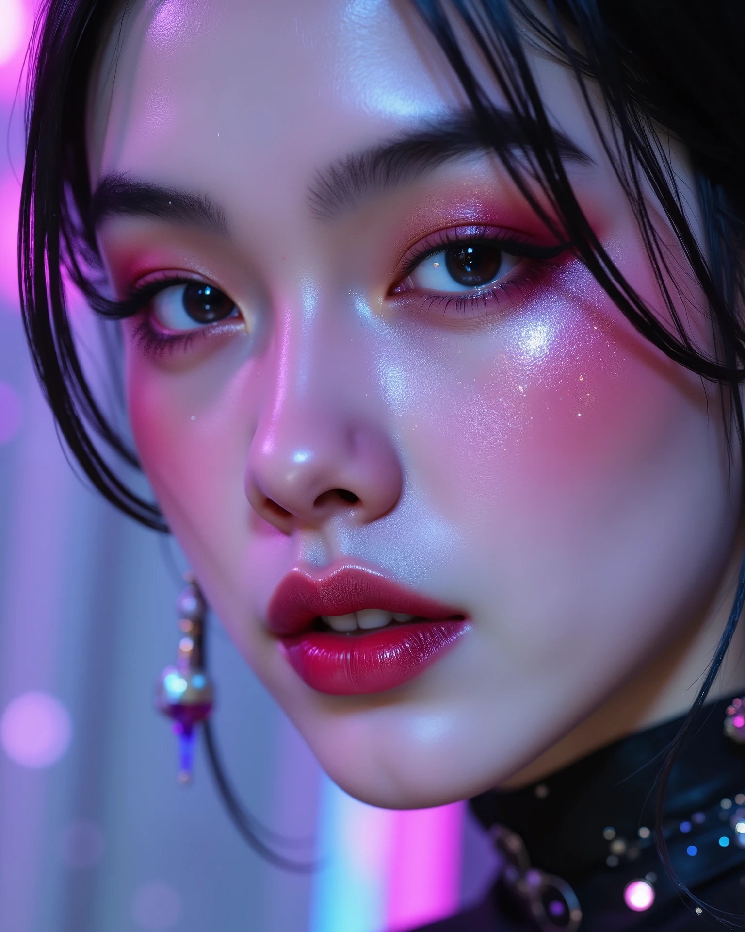 80’s glam rock makeup on shiny android face, look like Chinese pretty idol, anime, 2.5D, Glittery face, moody lighting, (purples, pinks, and blues), iridescent face, abstract ai model, pretty, sexy, minimal, sleek, slender, asian, elegant, chic, futuristic, retro, sophisticated half human half machine, close up face portrait, mouth open little, ((((ahegao)))),, half-closed eyes,