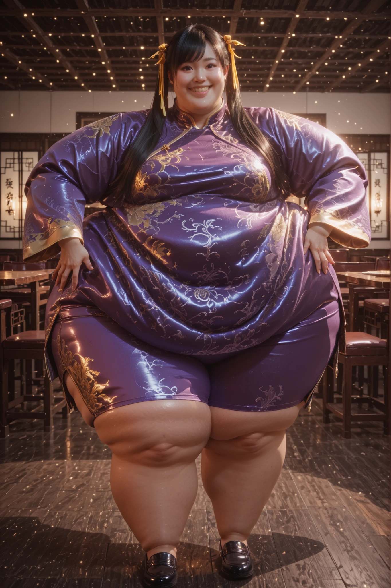 1girl, solo, masterpiece, best quality, full body, smile, hyper fat, hyper obese, Ling Xiaoyu, long hair, black hair, twin tails, brown eyes, Asian, shirt, long sleeves, hair ornament, ribbon, hair ribbon, open clothes, shorts, open jacket, purple jacket, purple shorts, Chinese clothes, short dress, bike shorts, China dress, yellow ribbon,,,A hyper-detailed, brightly lit, cinematic image of Mei, a Chinese high school student, seated in her sleek, gold-accented hover chair that looks exceptionally luxurious and highly polished. She is visibly large due to the Decadence (grotesque obesity). She wears a custom-tailored silk Qipao/Cheongsam in deep jewel tones (like purple) that has been elegantly modified to flow over the contours of her body and the chair's cushioned cradle. Her expression is serene and compliantly cheerful, surrounded by the warm, traditional, busy ambiance of a wealthy family restaurant.